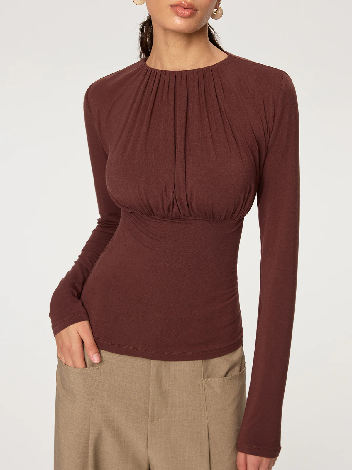 Ruched Long Sleeve Round Neck Knit Blouse - Image 5