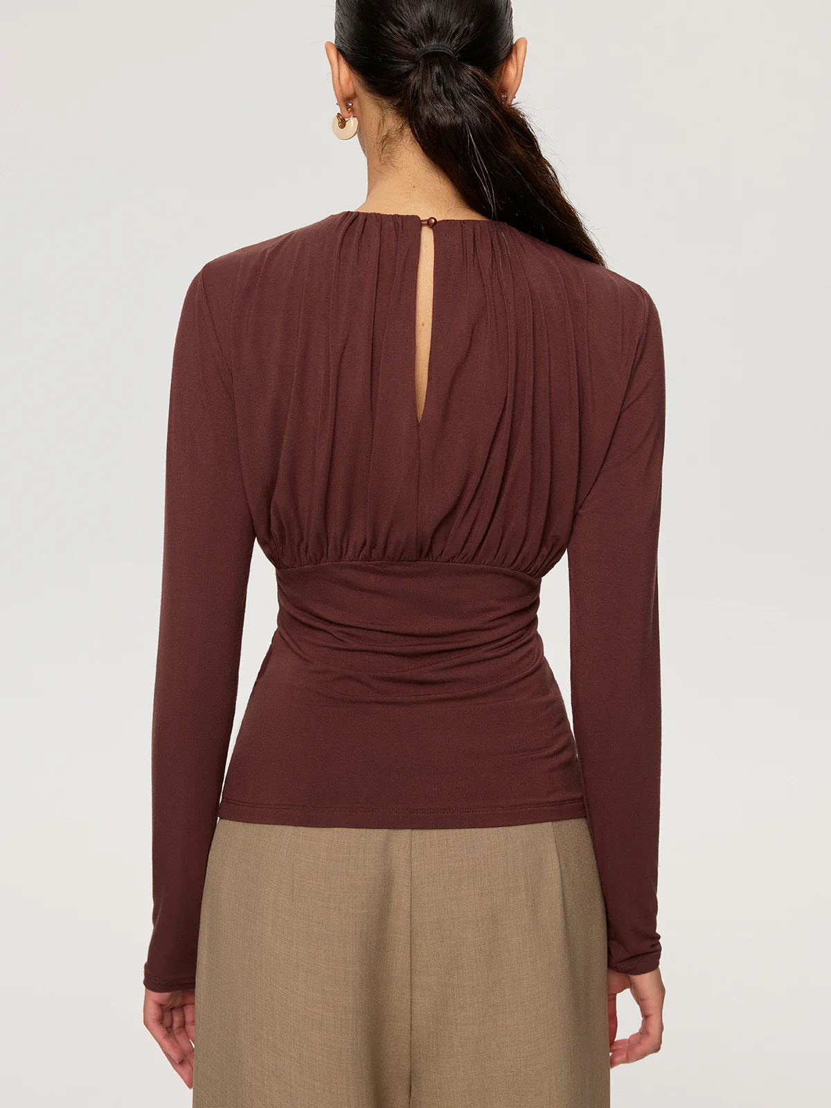 Ruched Long Sleeve Round Neck Knit Blouse - Image 6