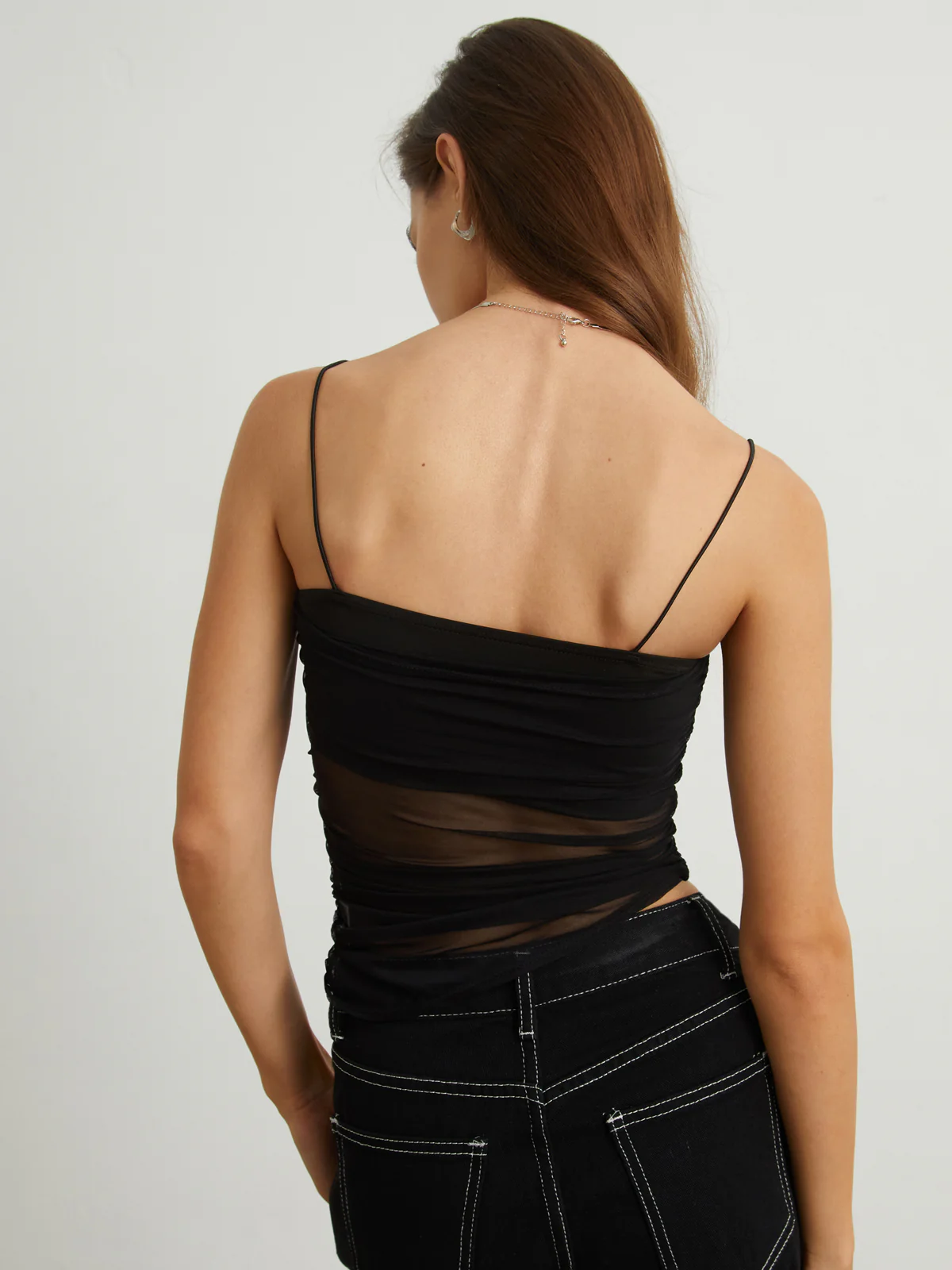 Semi-Sheer Ruched Mesh Cami Crop Top - Image 3