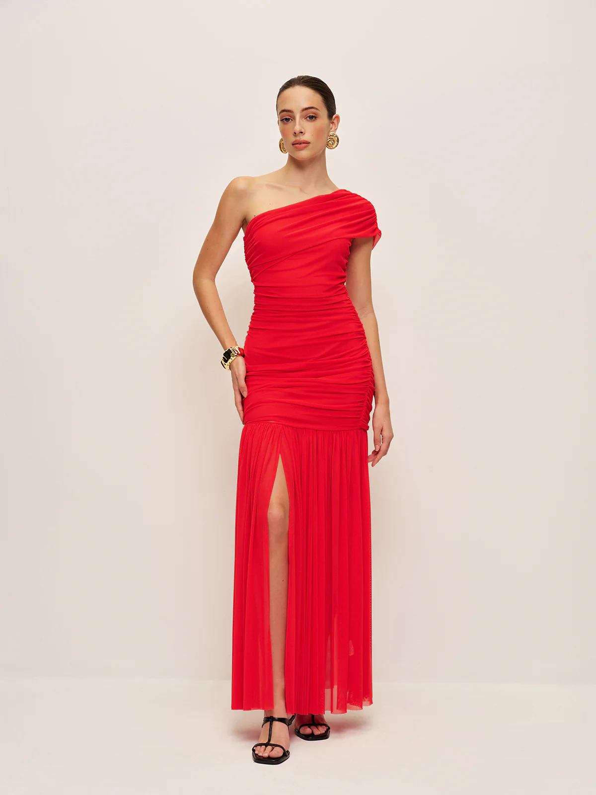 Ruched One-Shoulder Split Dress
