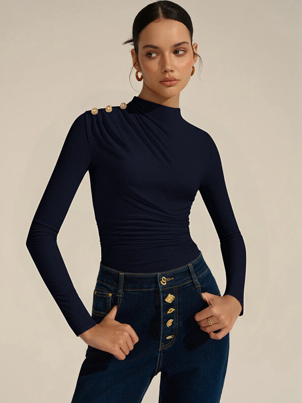 Ruched Shoulder-Decor Long Sleeve Bodysuit - Image 10