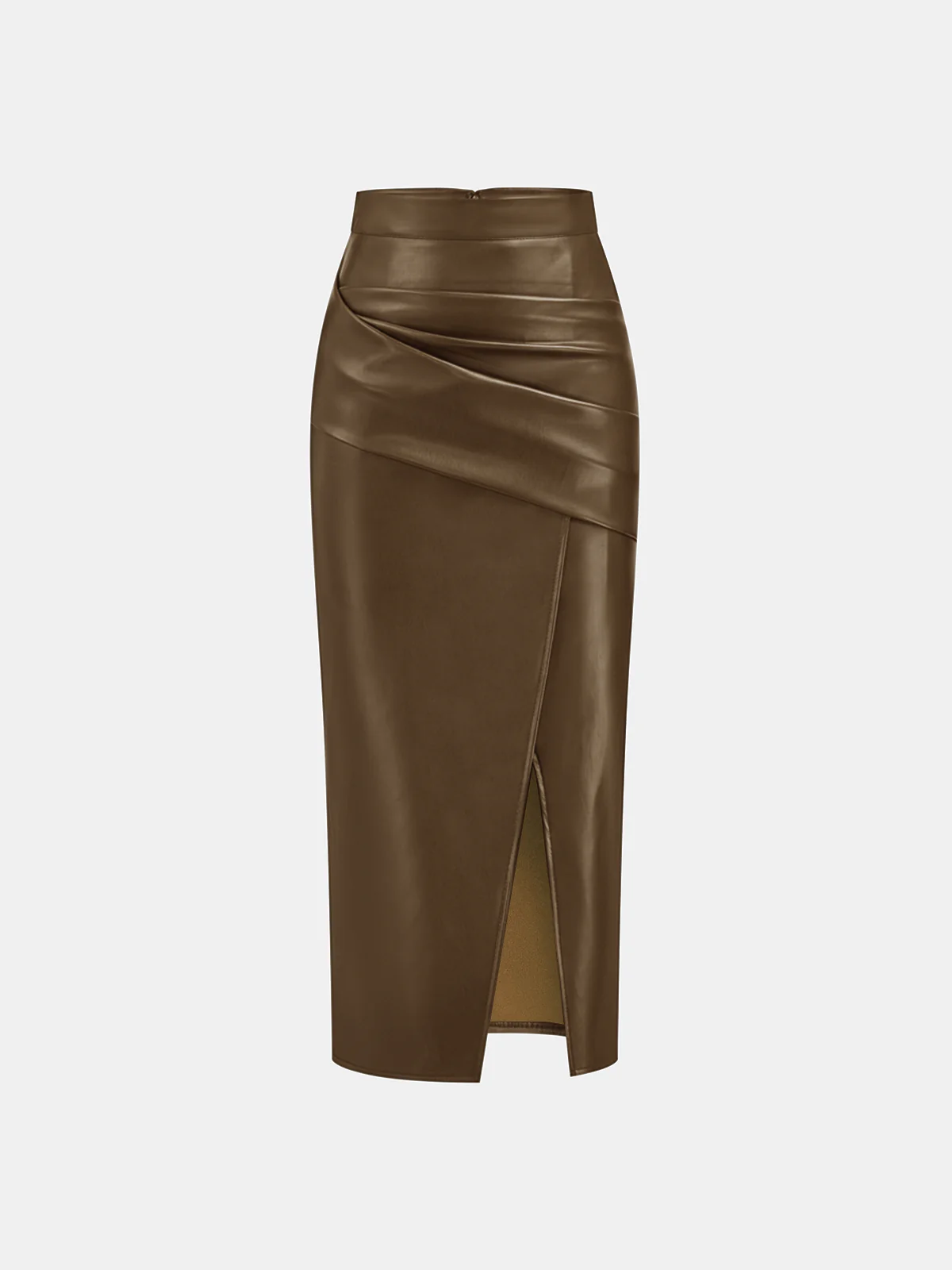 Ruched Slit PU Leather Midi Skirt - Image 10