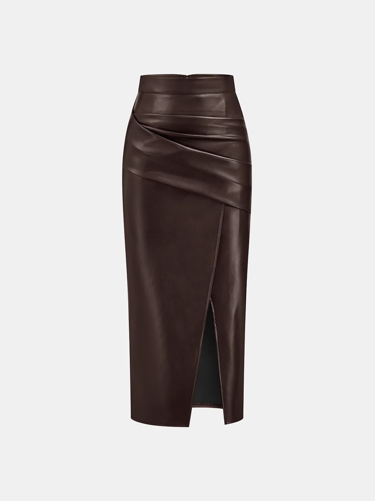 Ruched Slit PU Leather Midi Skirt - Image 6