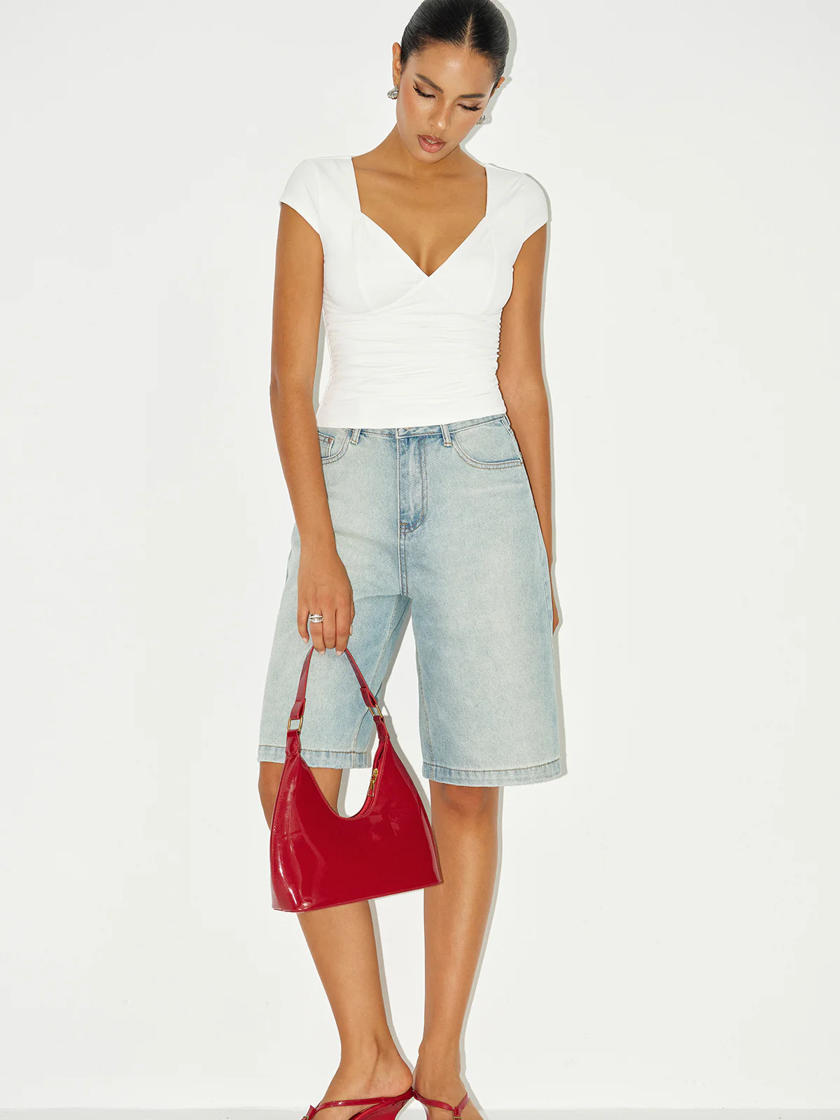 Ruched V-Neck Cap Sleeve T-Shirt - Image 5