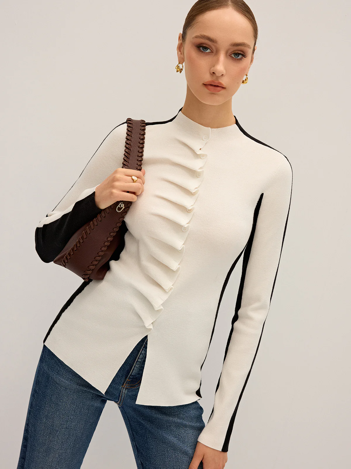 Ruffle Button Fitted Knit Top - Image 2