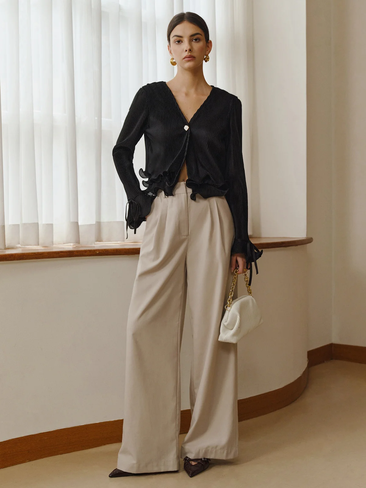 Ruffle Button Plisse Blouse - Image 8