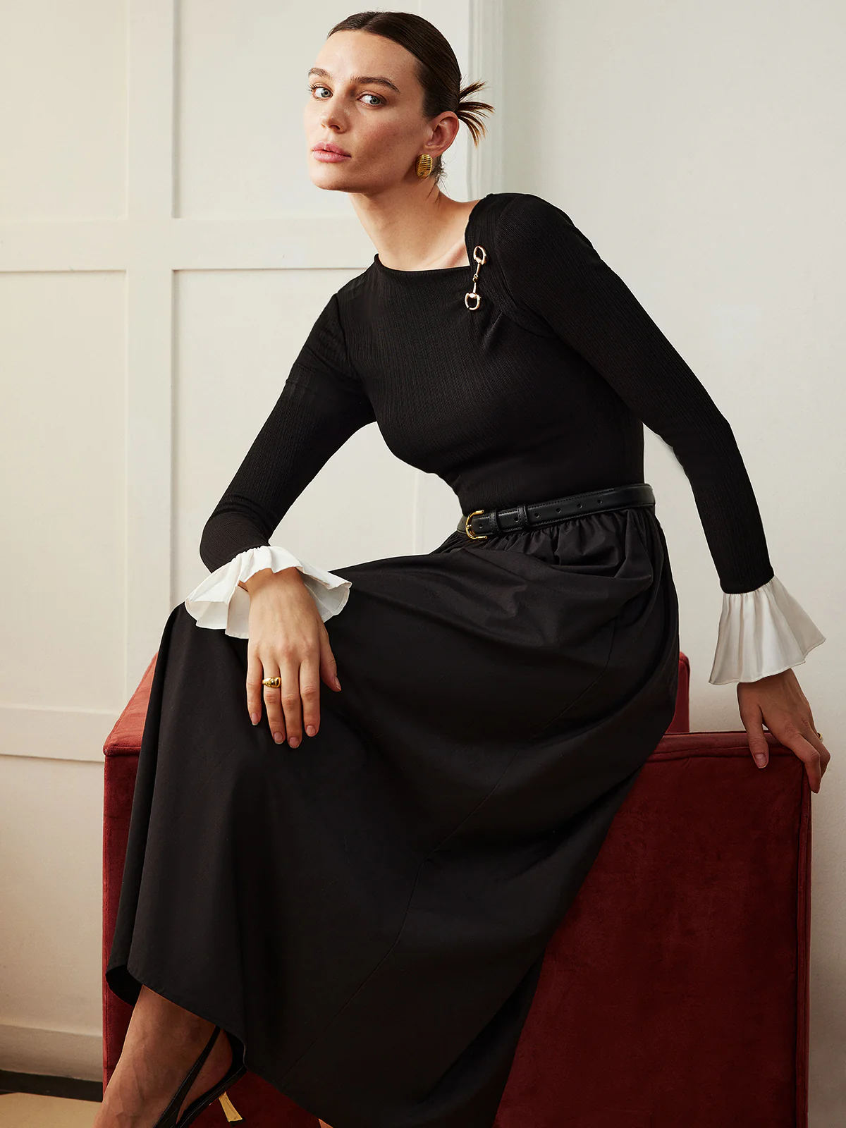 Ruffle-Cuff Panel Pockets Dress Without Belt - Image 3