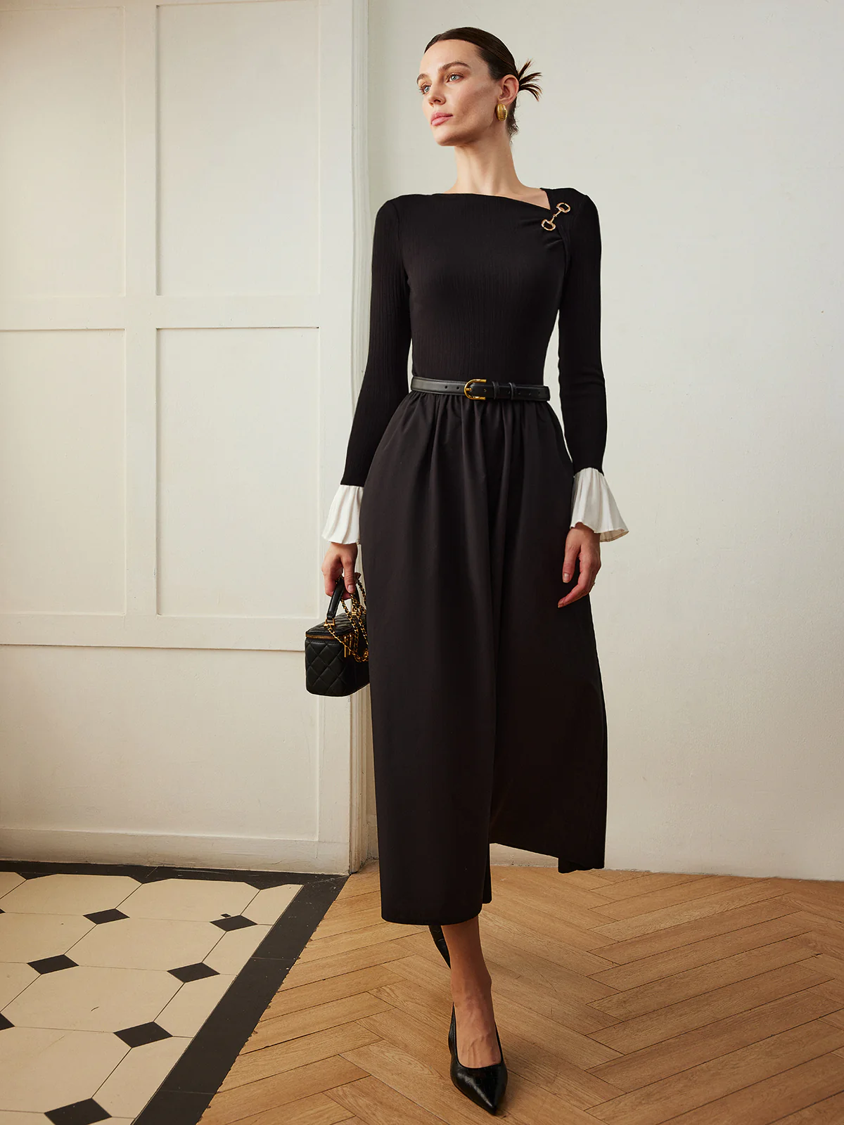 Ruffle-Cuff Panel Pockets Dress Without Belt - Image 5