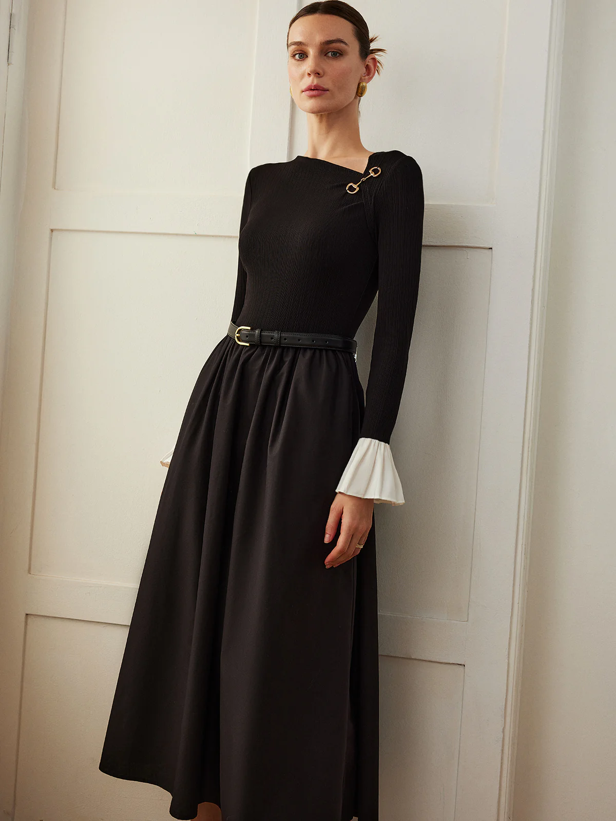 Ruffle-Cuff Panel Pockets Dress Without Belt - Image 7