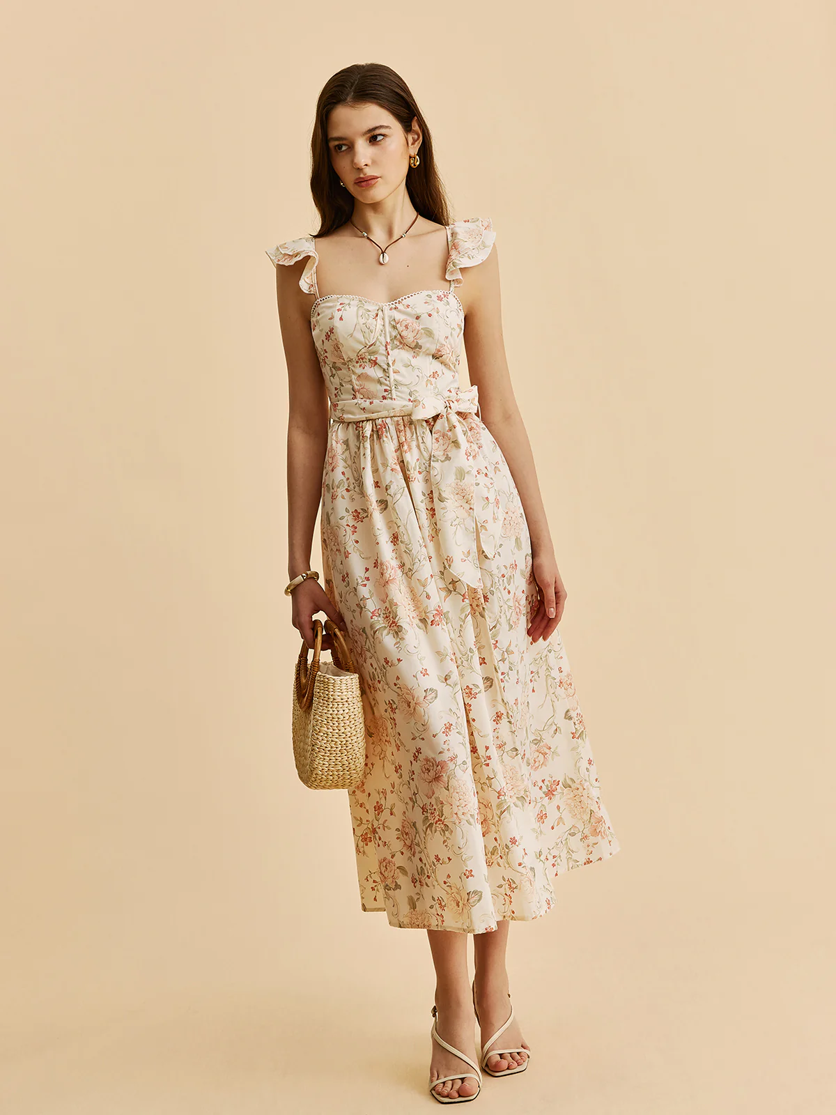 Ruffle Strap Tie-Waist Slit Floral Dress - Image 5