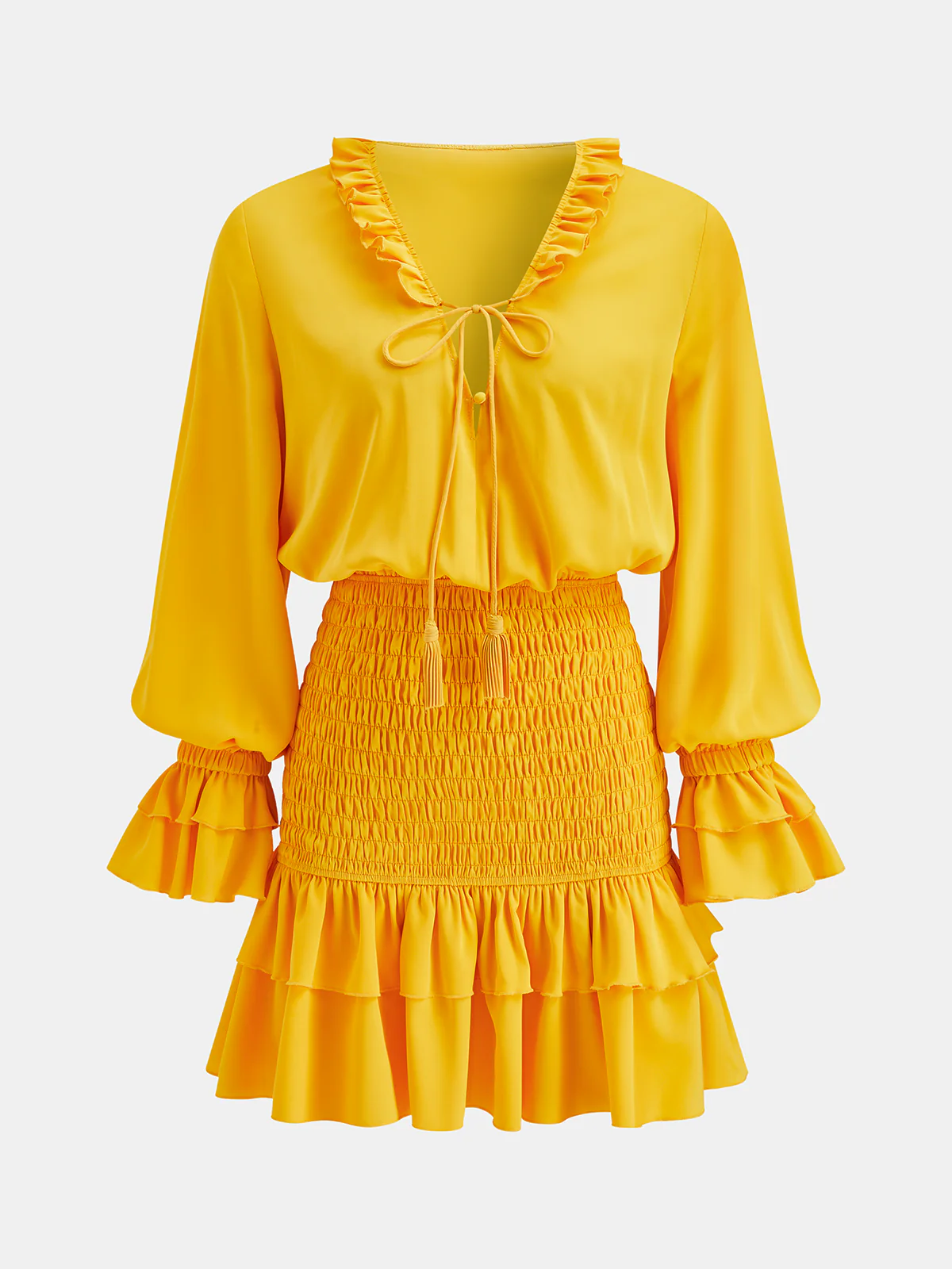 Ruffle Tie-Neck Smocked Tiered Dress
