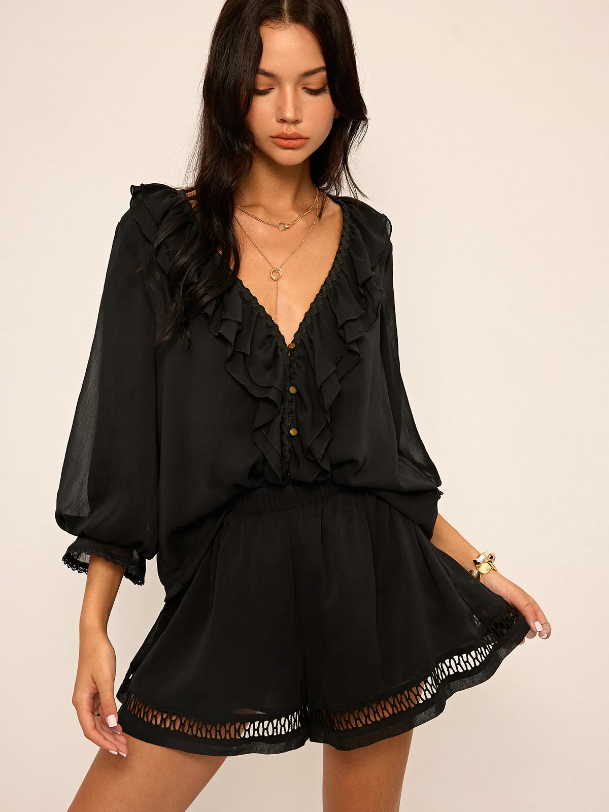 Ruffled Button Chiffon Top and Shorts Set - Image 4