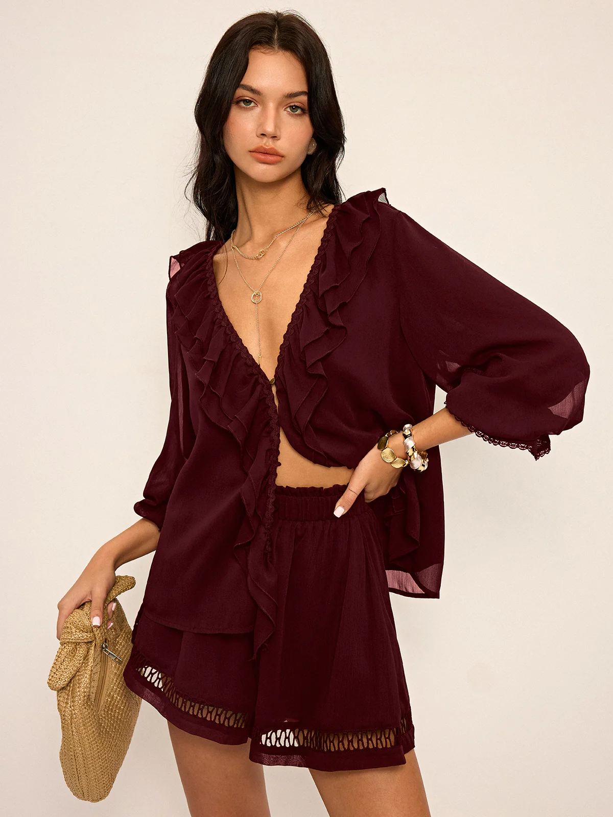 Ruffled Button Chiffon Top and Shorts Set - Image 7