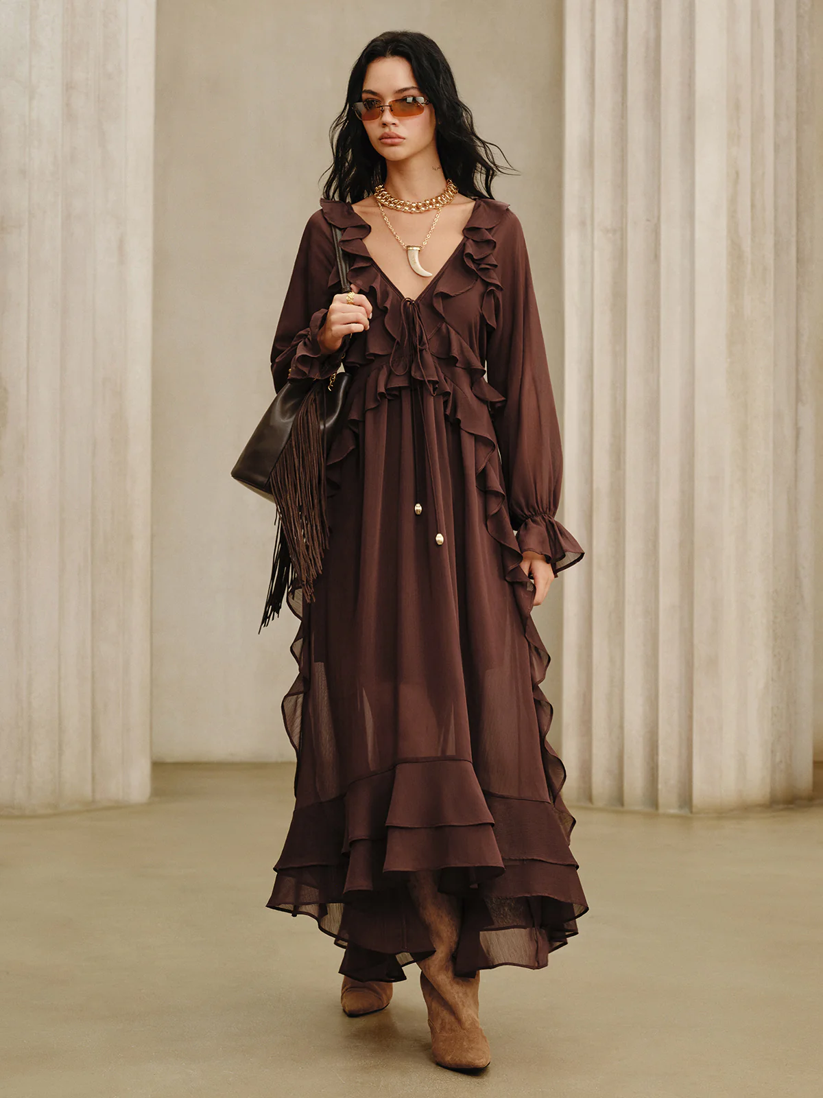 Ruffled Chiffon Maxi Dress Set with Cami Dress Liner