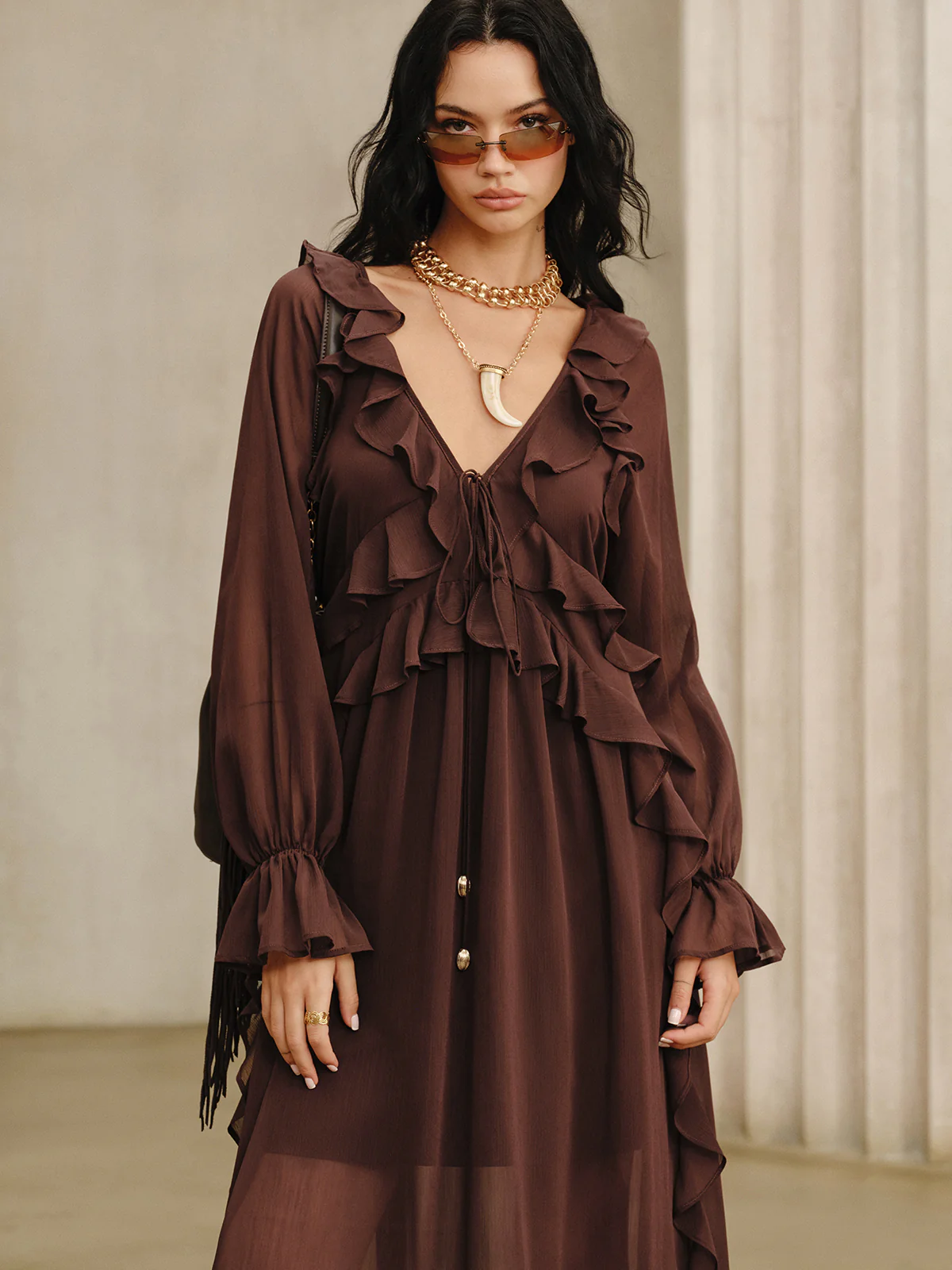 Ruffled Chiffon Maxi Dress Set with Cami Dress Liner - Image 2