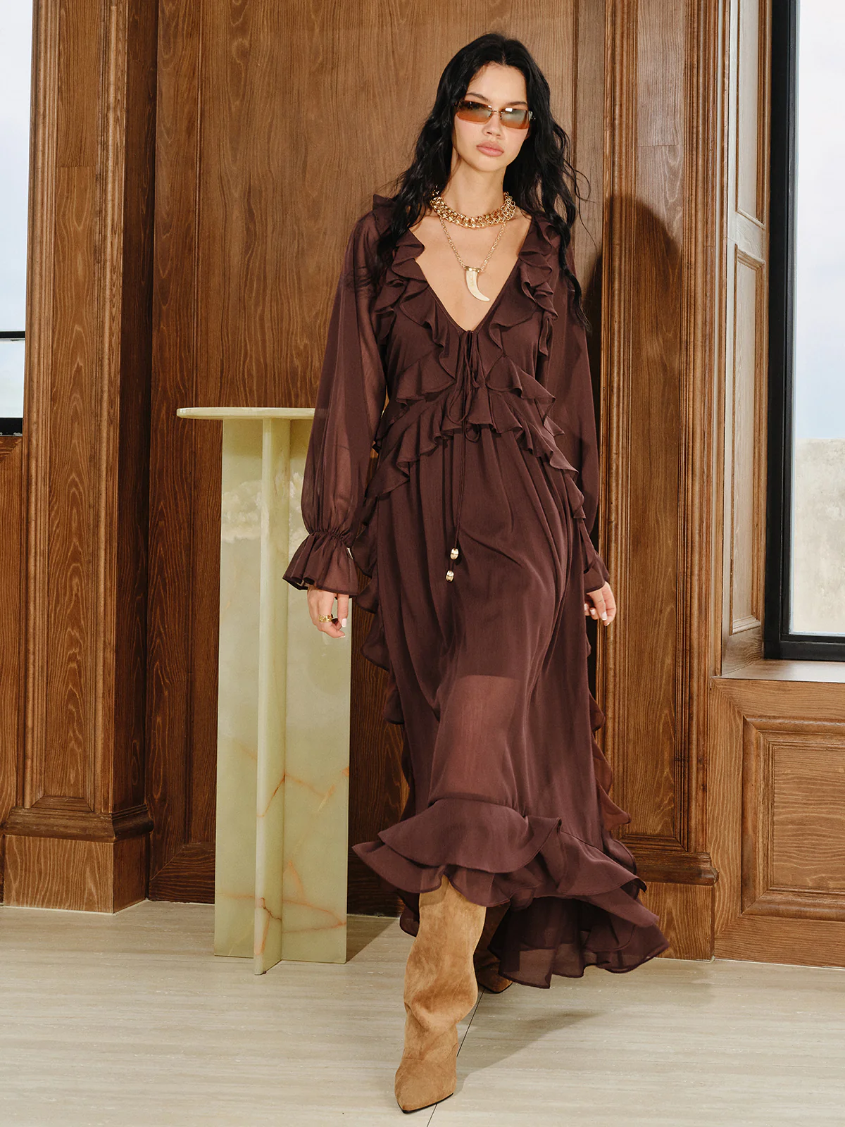 Ruffled Chiffon Maxi Dress Set with Cami Dress Liner - Image 3