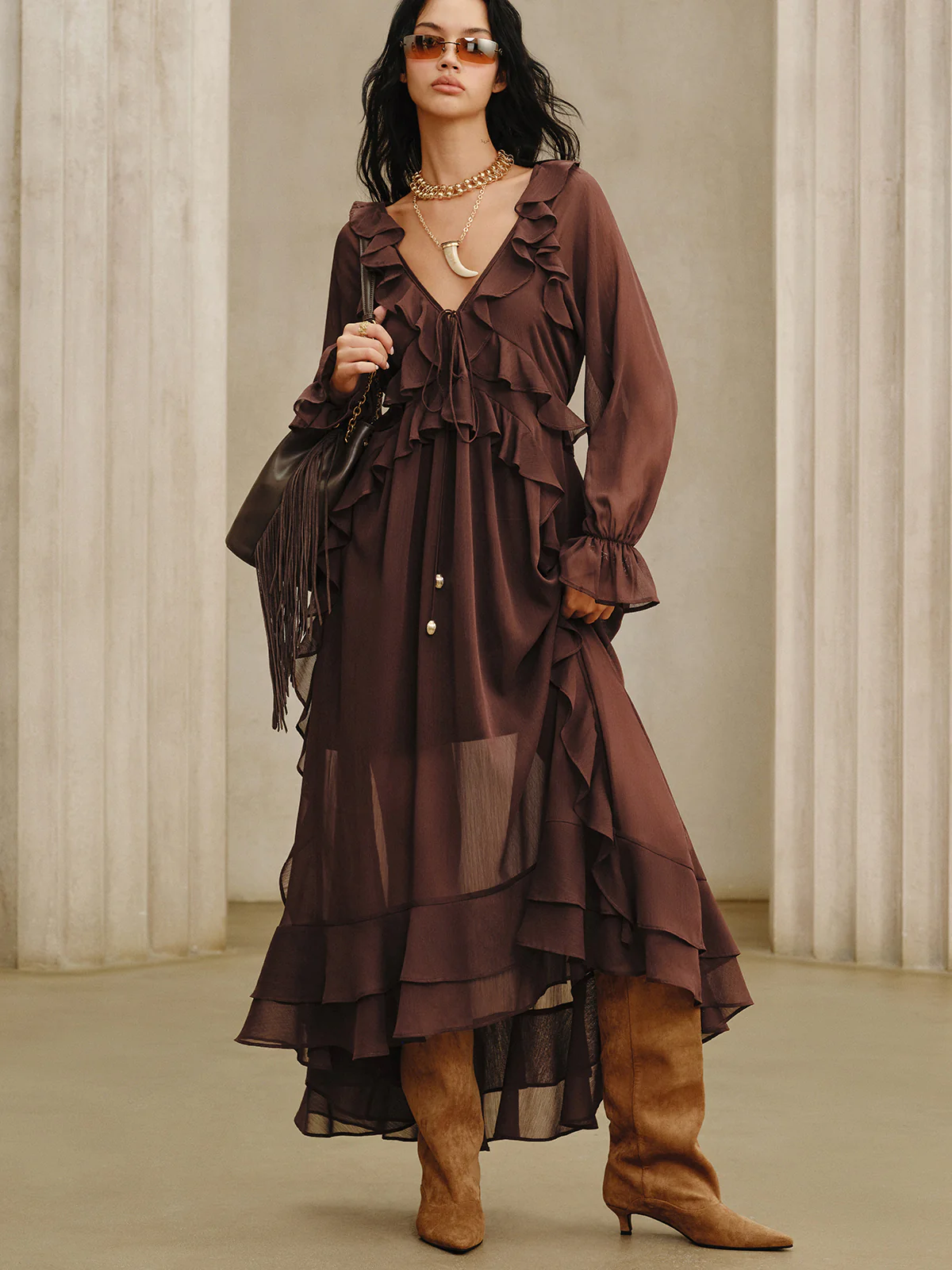 Ruffled Chiffon Maxi Dress Set with Cami Dress Liner - Image 4