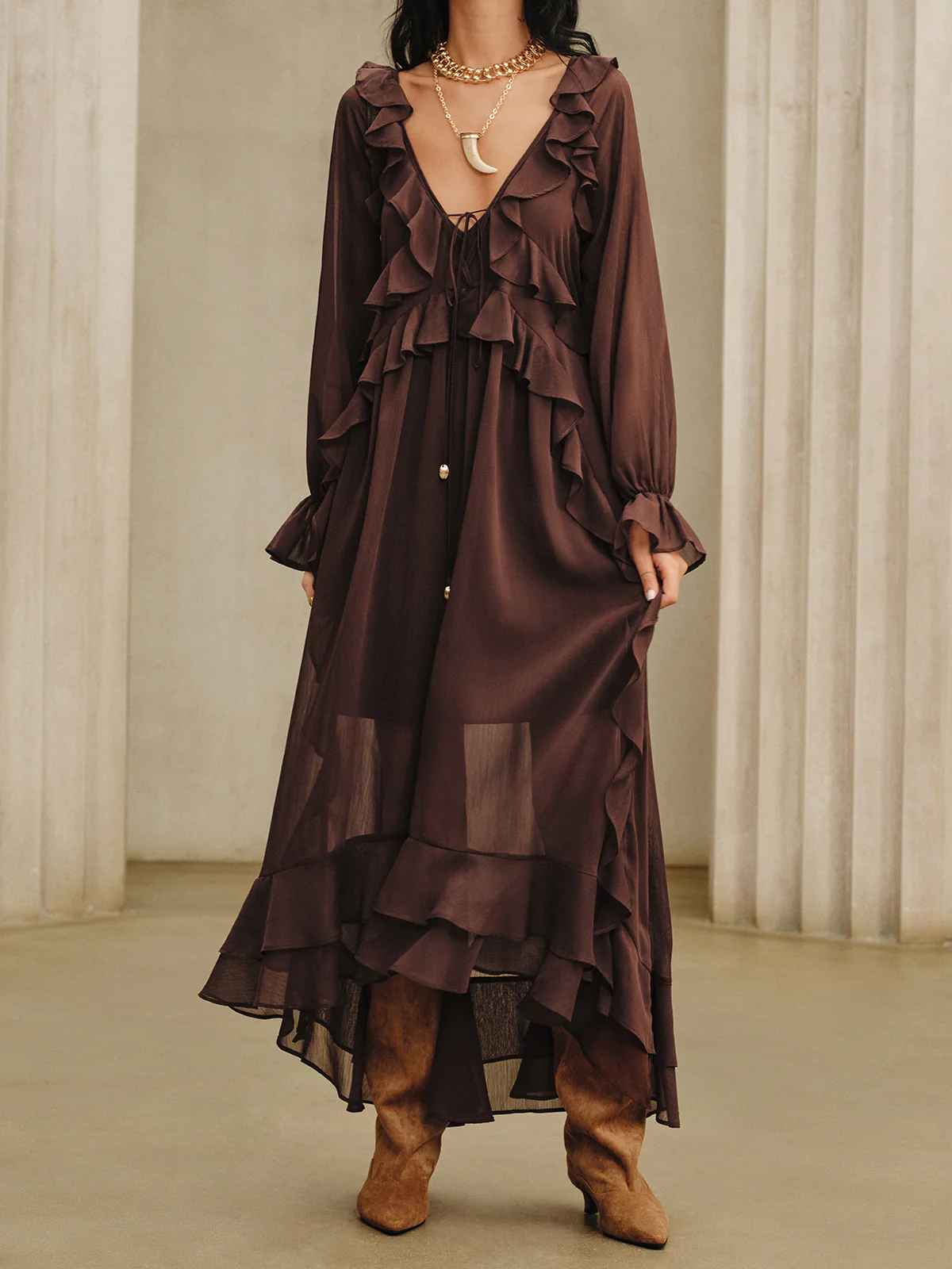 Ruffled Chiffon Maxi Dress Set with Cami Dress Liner - Image 5