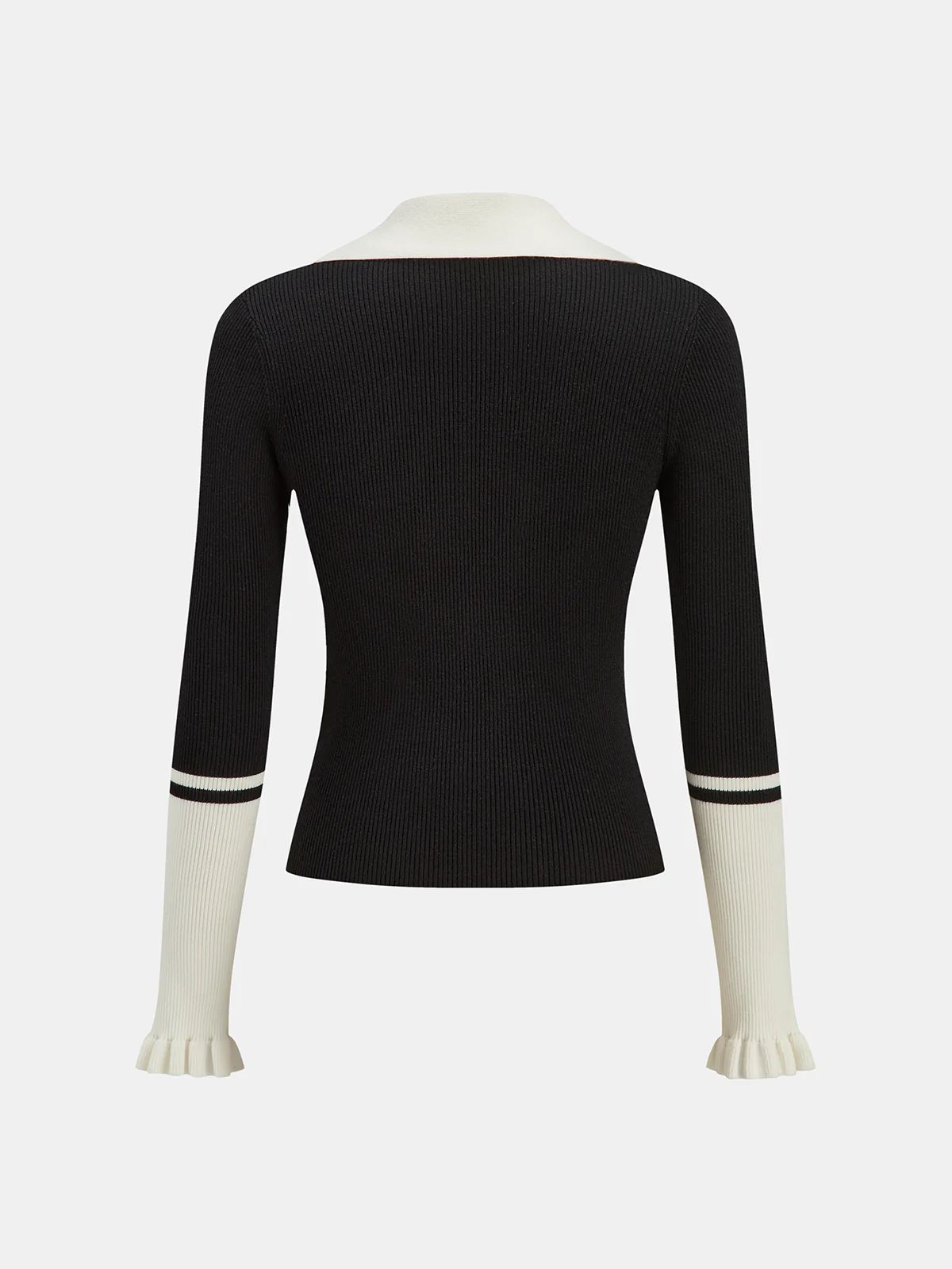 Ruffled Cuff Color-Block Collared Knit Top - Image 2