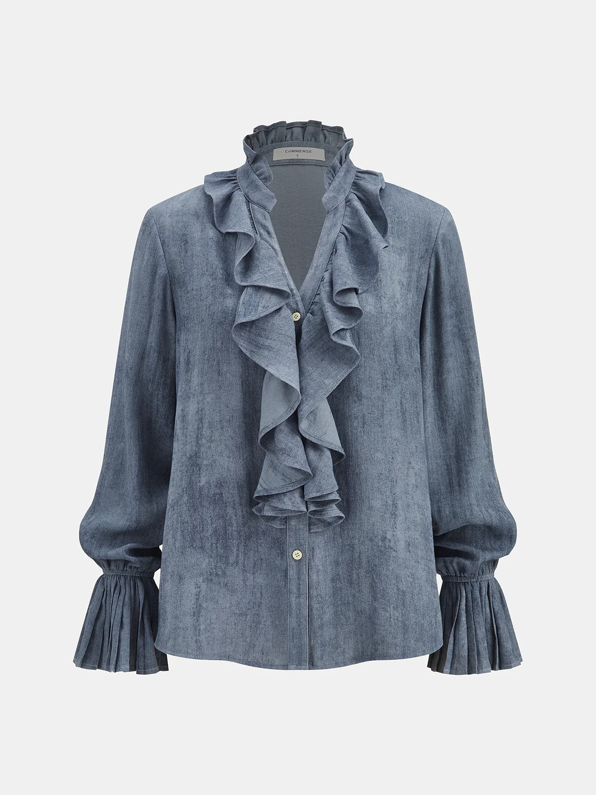 Ruffled Placket Bell Cuff Denim Shirt