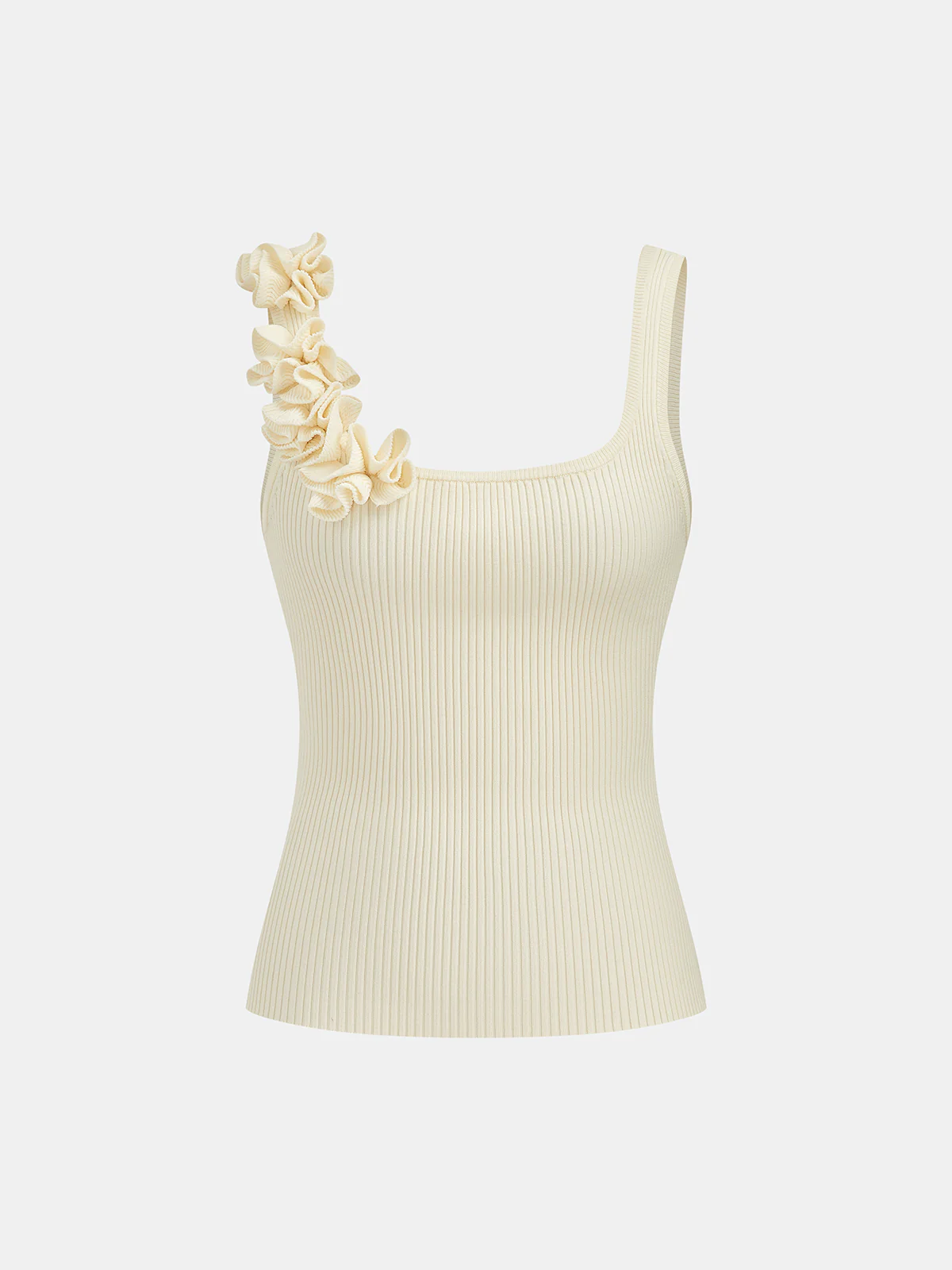 Ruffled Strap Ribbed Knit Tank Top