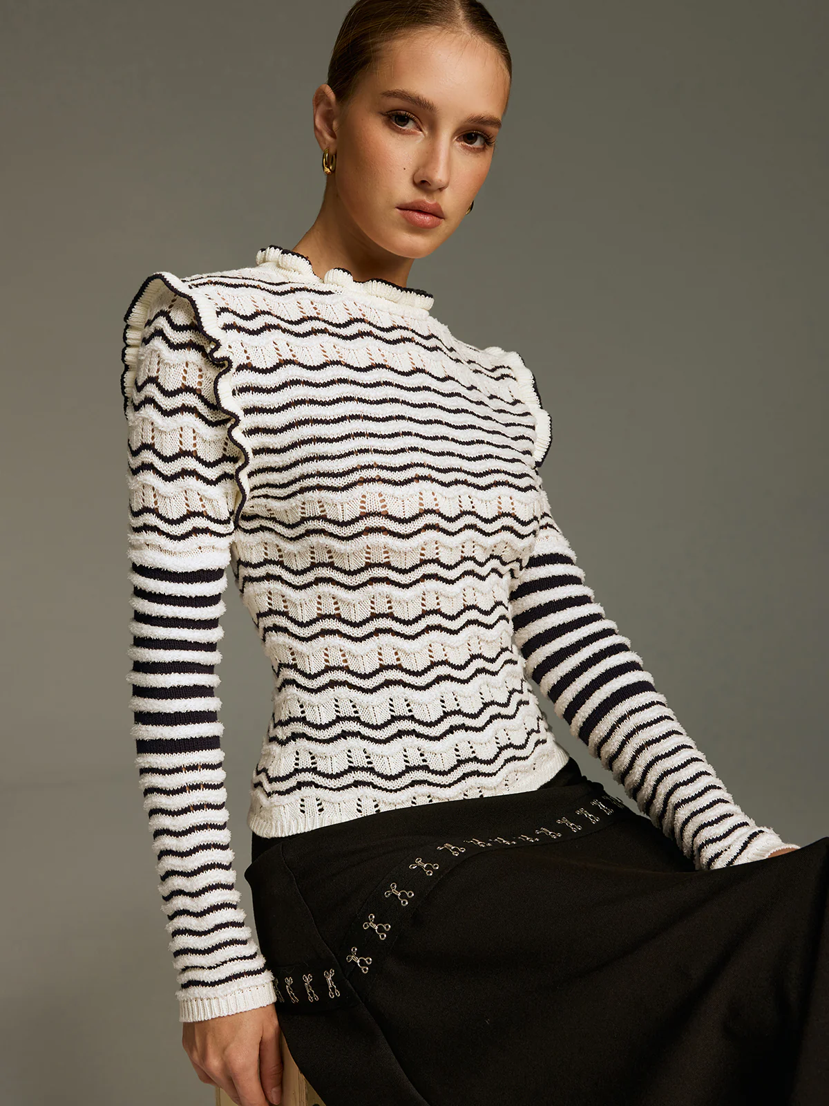 Ruffled Striped Openwork Knit Top - Image 5