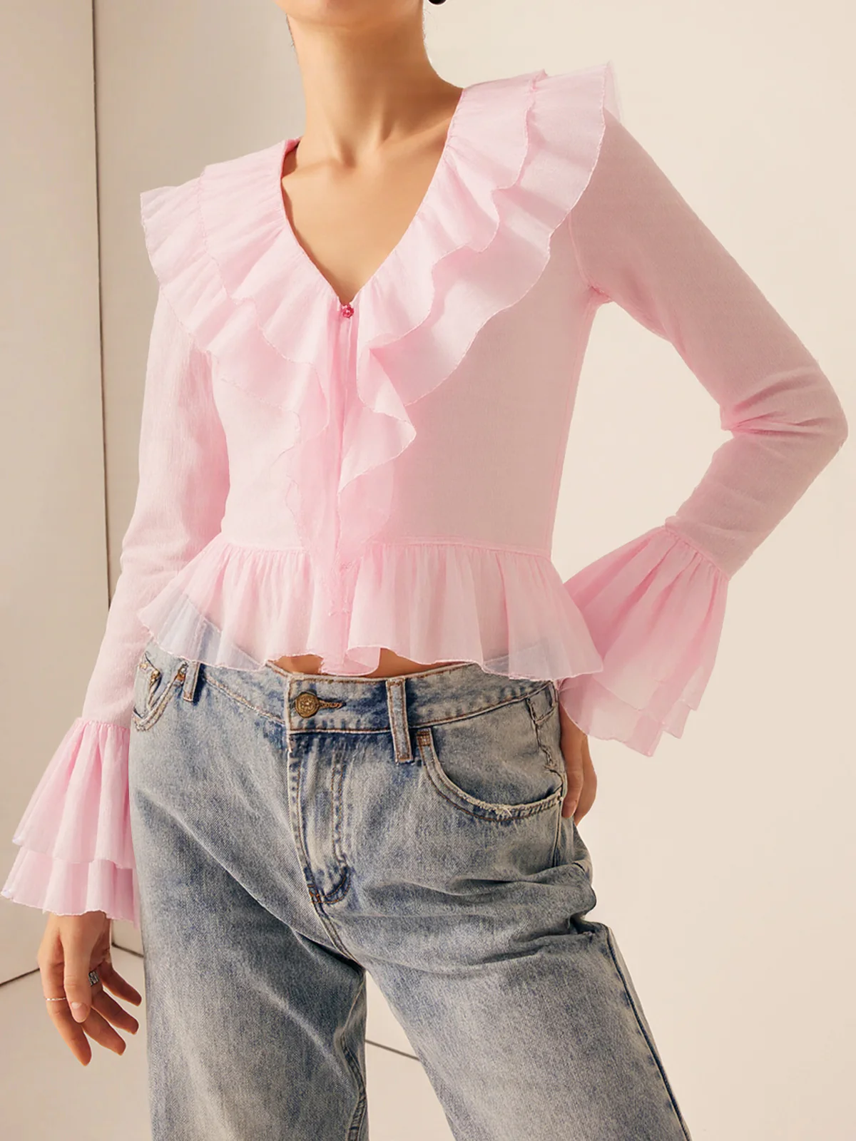 Semi-Sheer Ruffled V-Neck Bell-Sleeve Top - Image 2