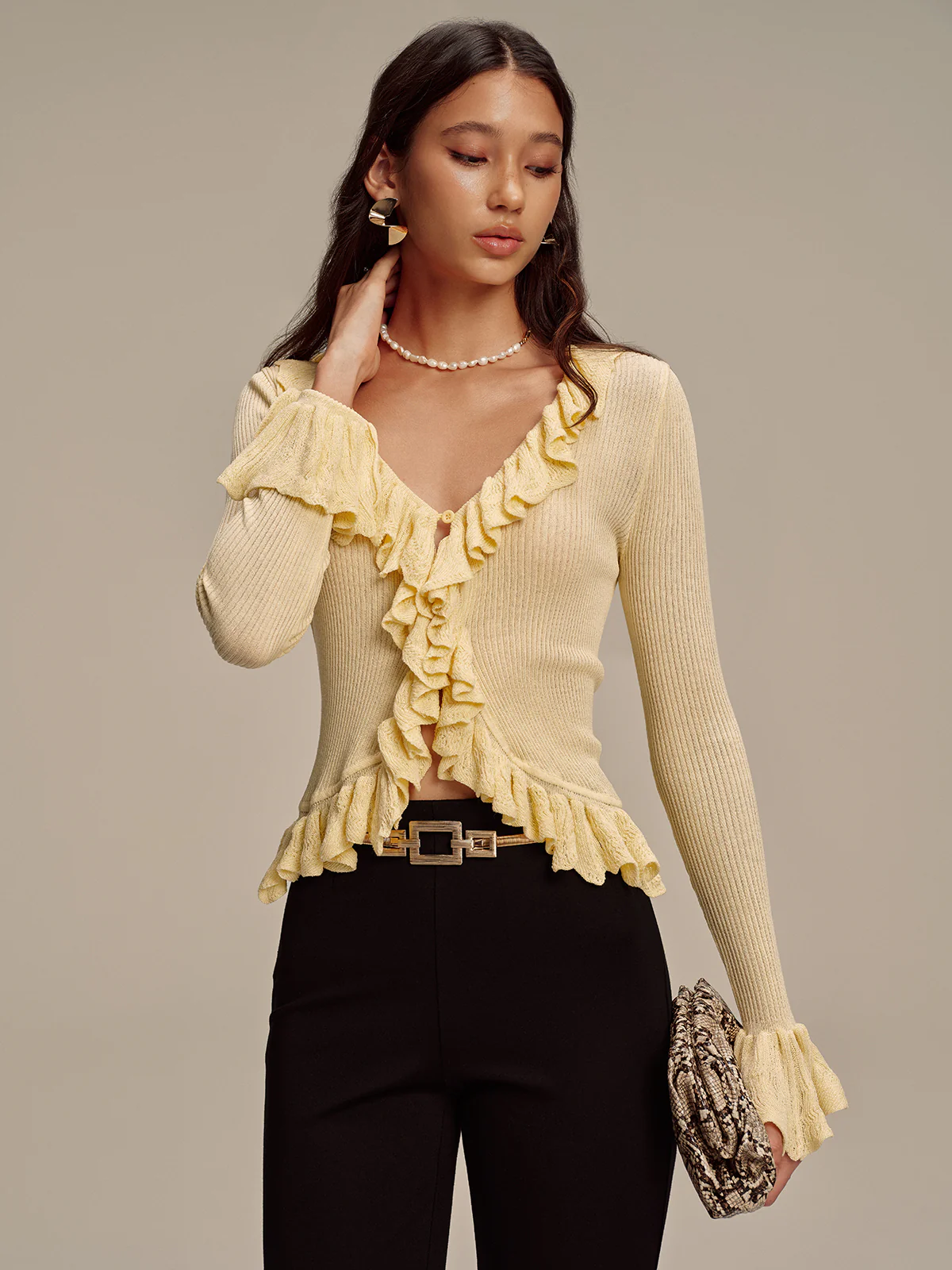 Ruffled V-Neck Knit Cardigan - Image 2