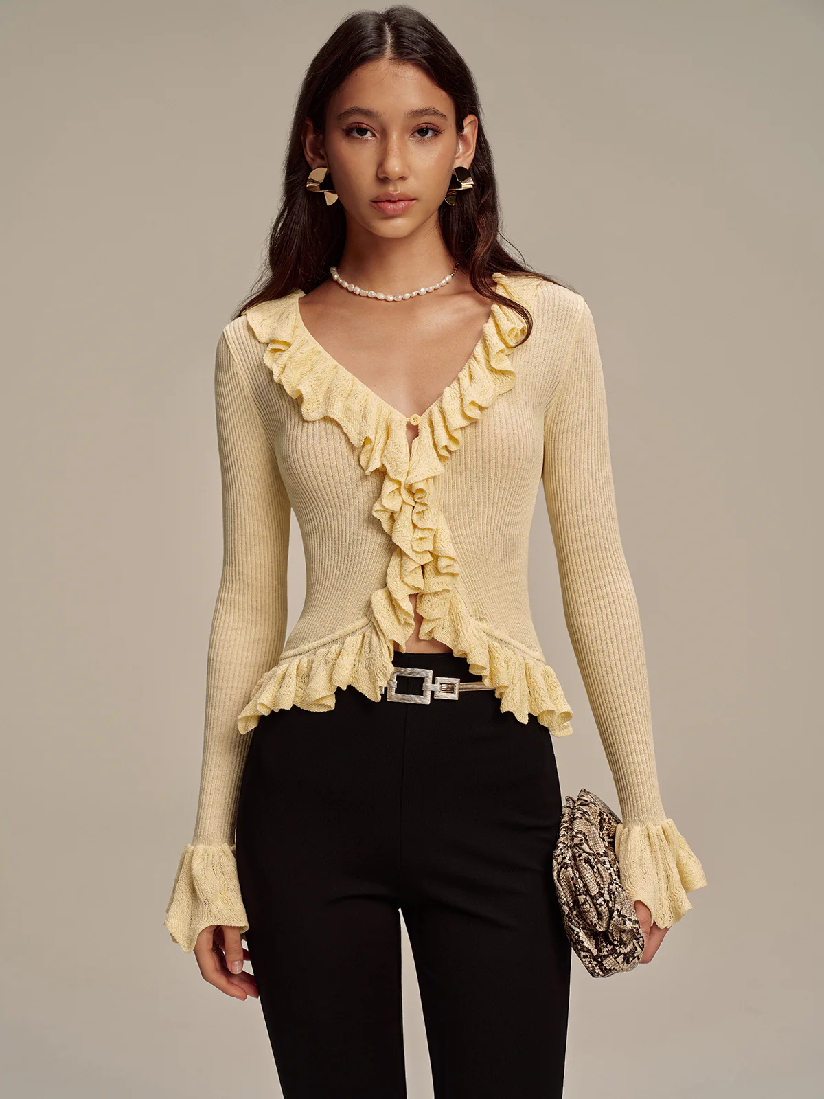 Ruffled V-Neck Knit Cardigan - Image 4