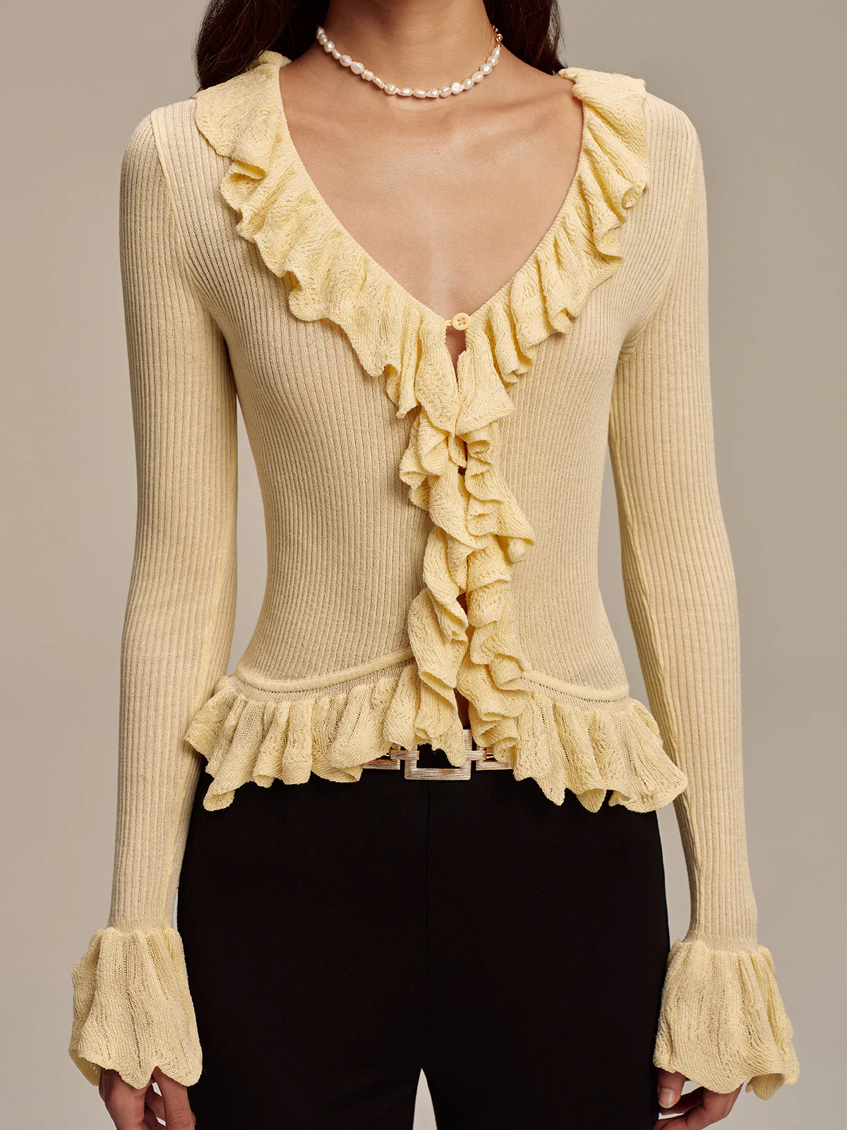 Ruffled V-Neck Knit Cardigan - Image 5