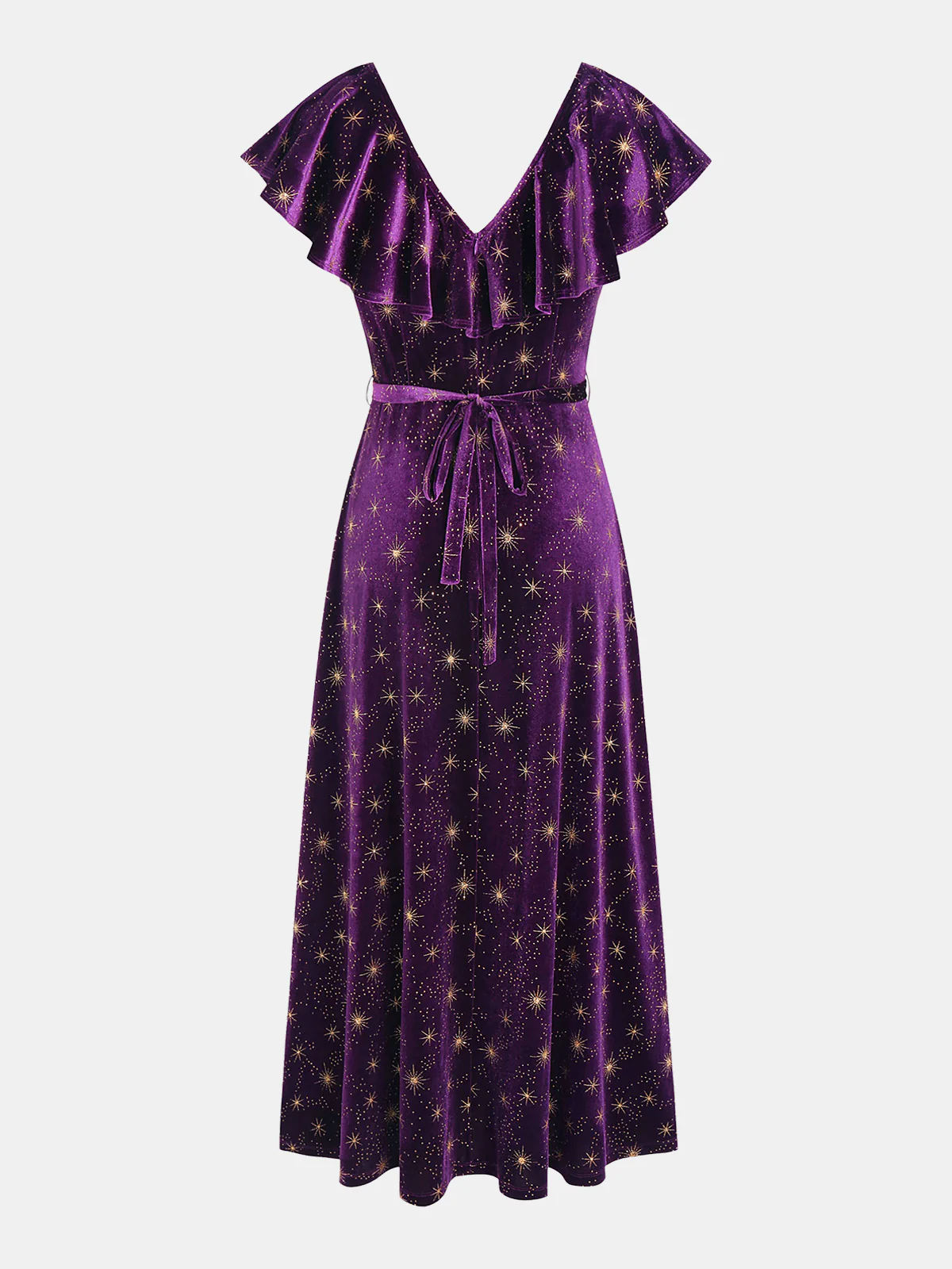 Ruffled V-Neck Star Print Velvet Midi Dress - Image 2