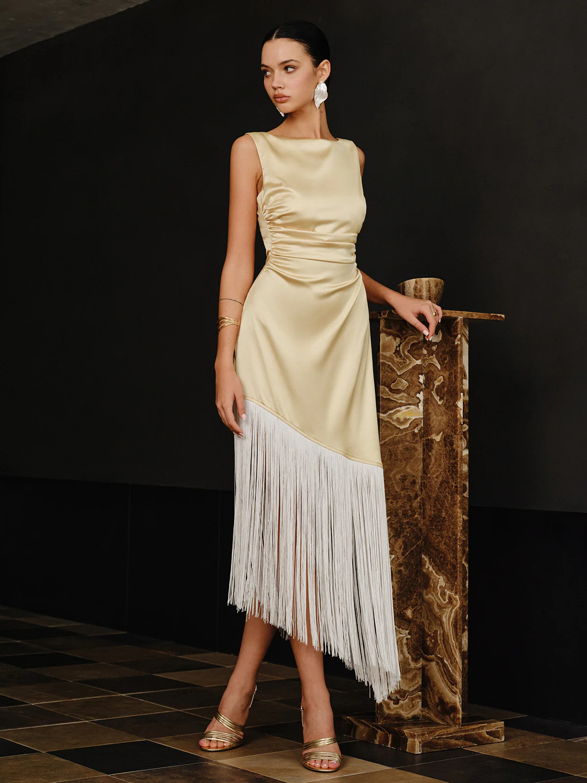 Satin Asymmetric Fringe Hem Maxi Dress