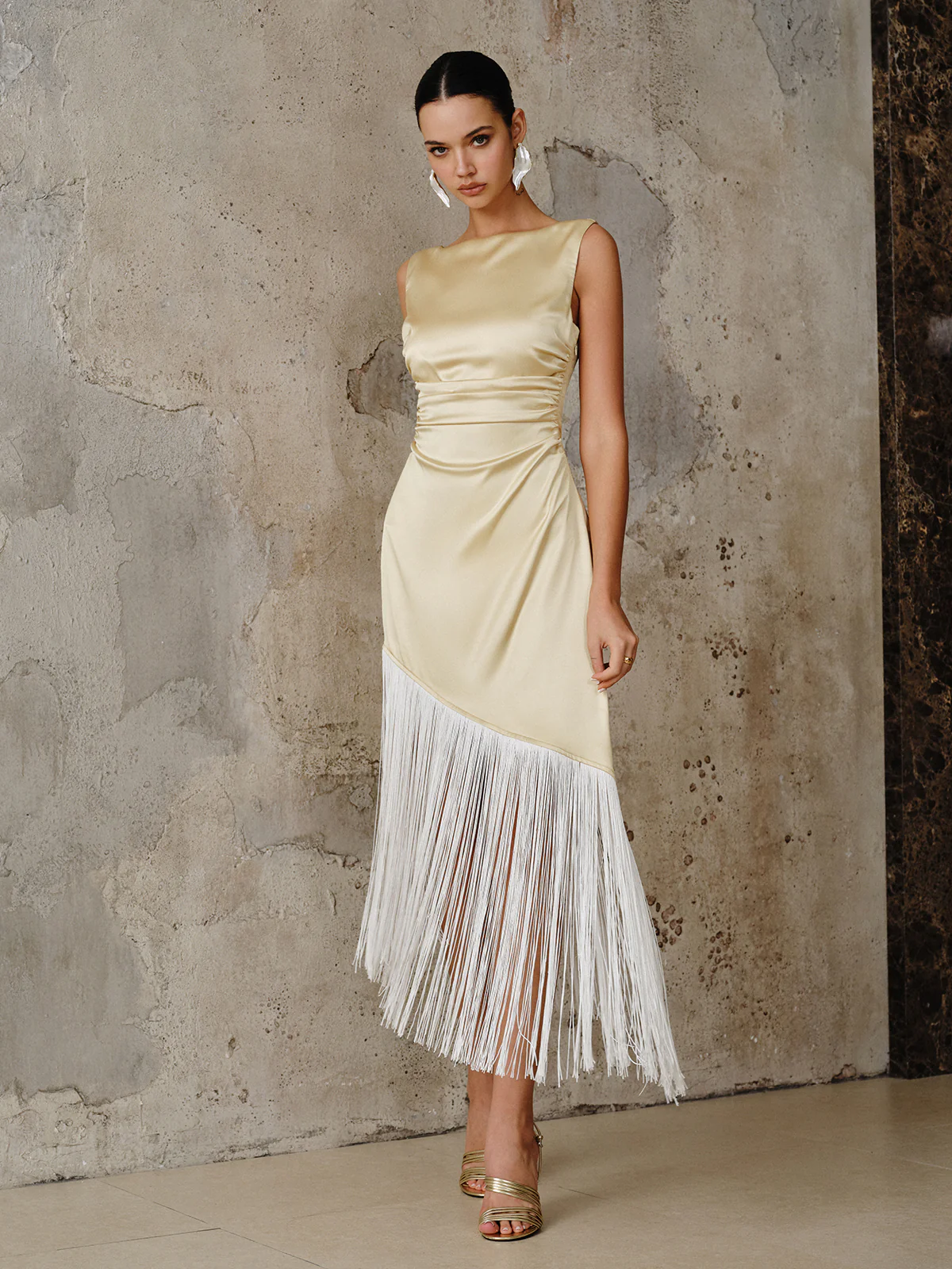 Satin Asymmetric Fringe Hem Maxi Dress - Image 6