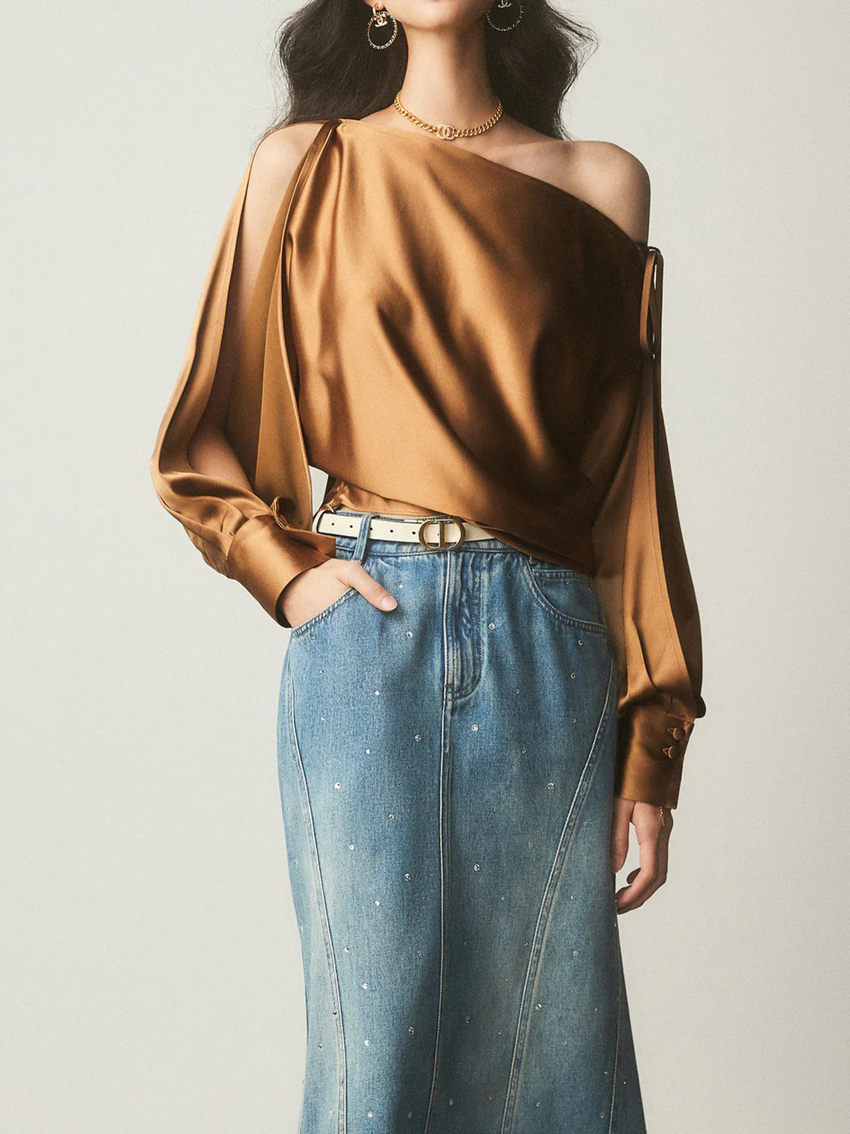 Satin Asymmetrical Cold Shoulder Tied Blouse - Image 5