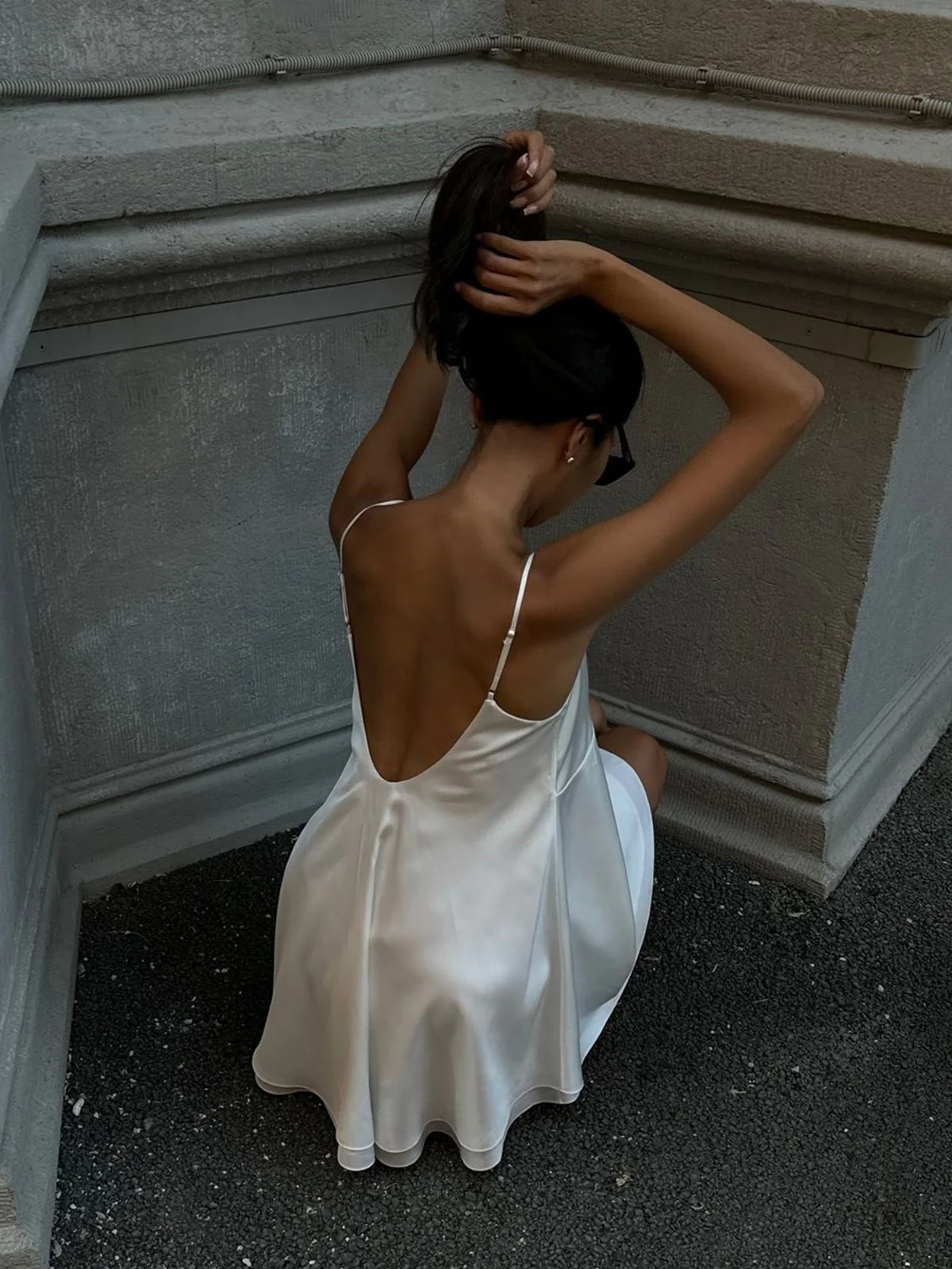 Satin Backless V-Neck Dress - Image 3