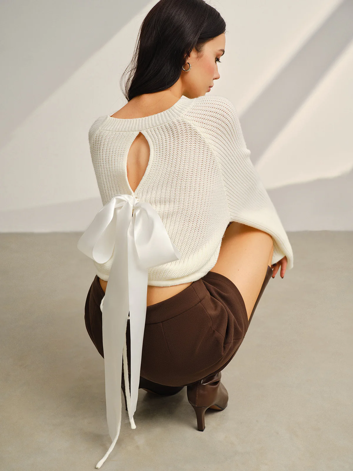Satin-Bow Bell Sleeve Short Sweater - Image 3