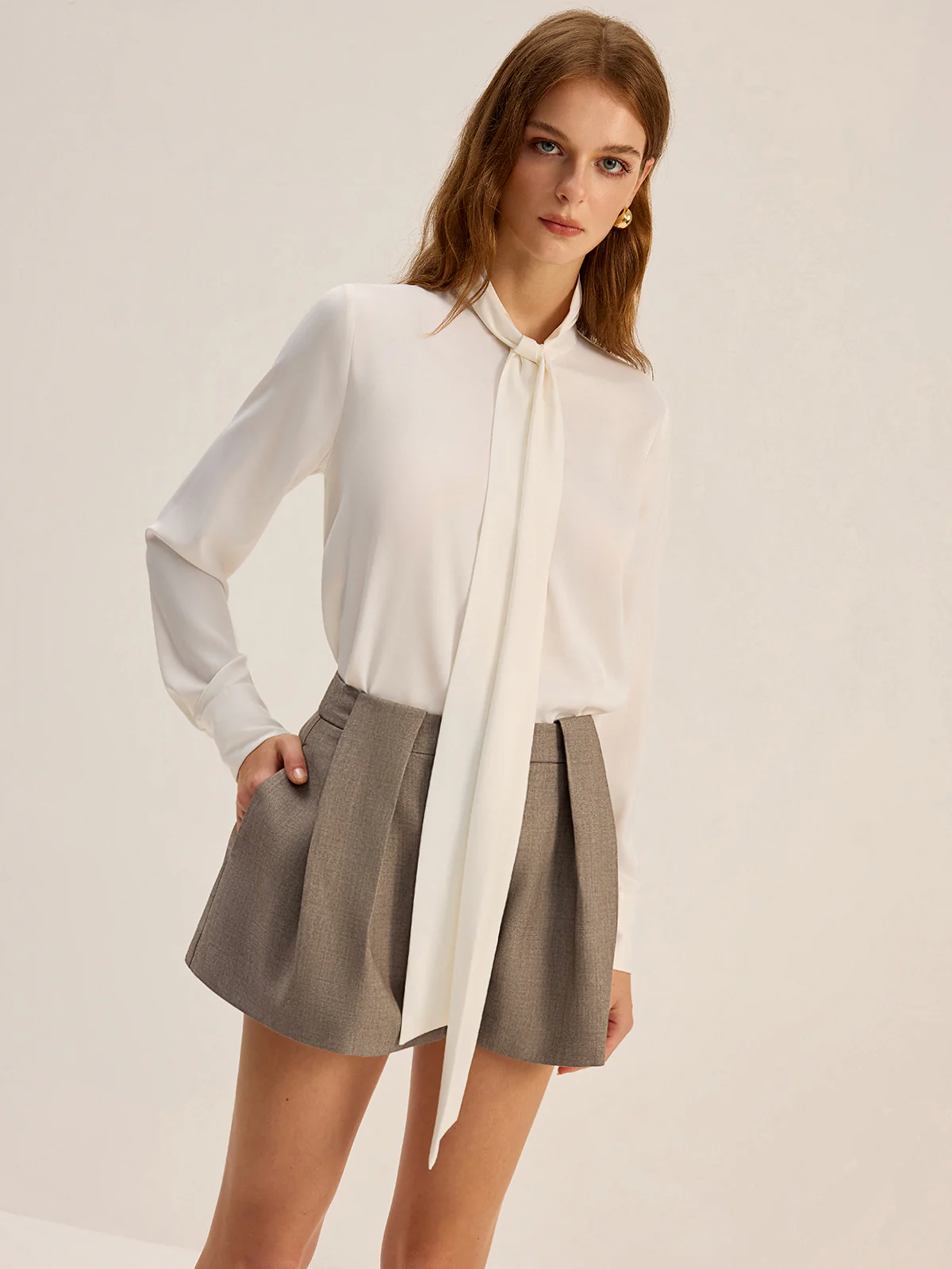 Satin Bow-Tie Neck Long-Sleeve Shirt - Image 3