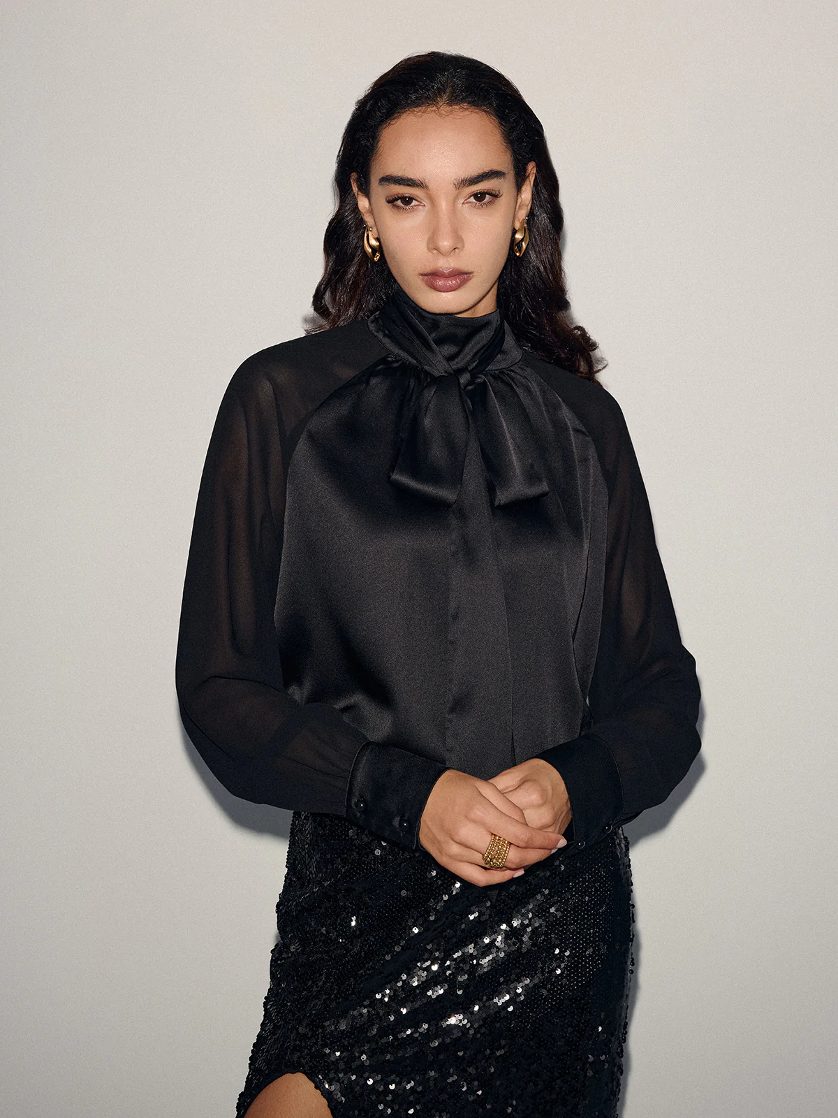 Satin Bow-Tie Sheer-Sleeve Blouse - Image 10