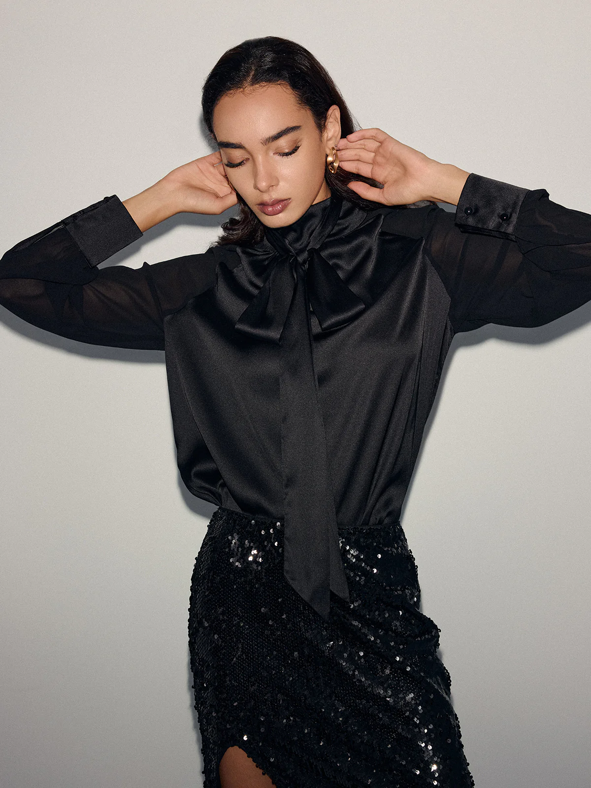 Satin Bow-Tie Sheer-Sleeve Blouse - Image 3