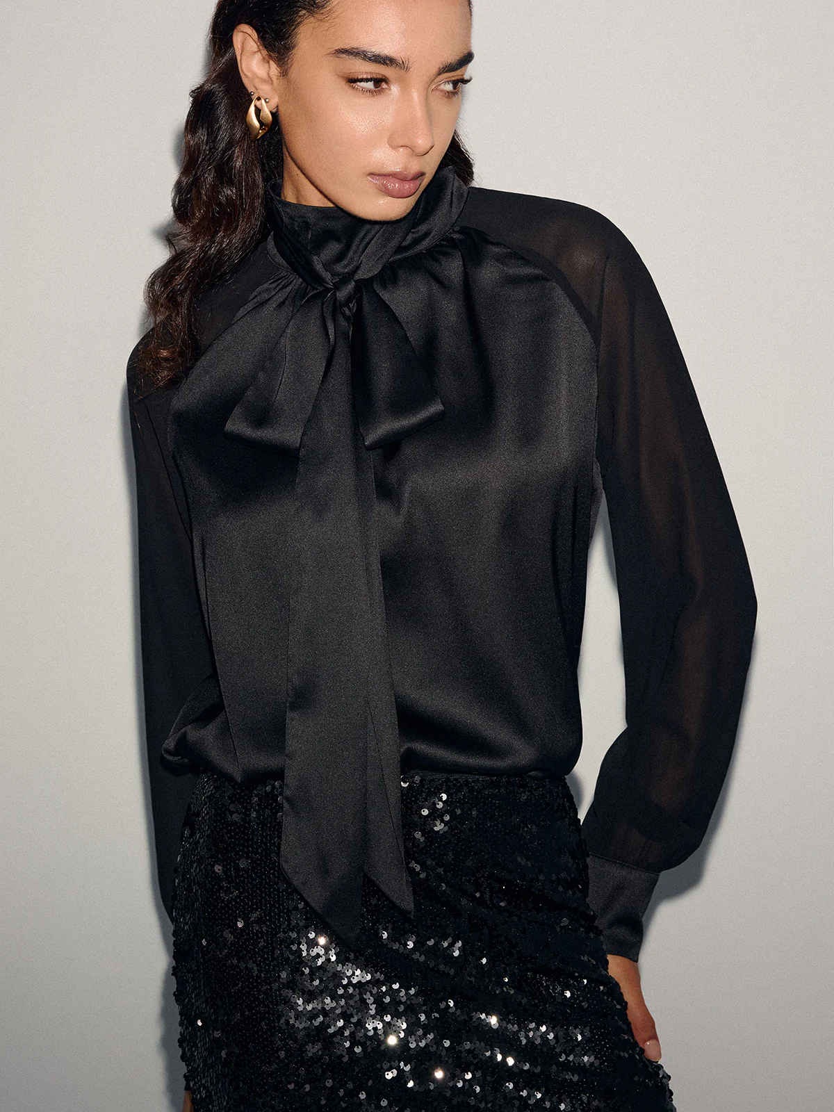 Satin Bow-Tie Sheer-Sleeve Blouse - Image 5