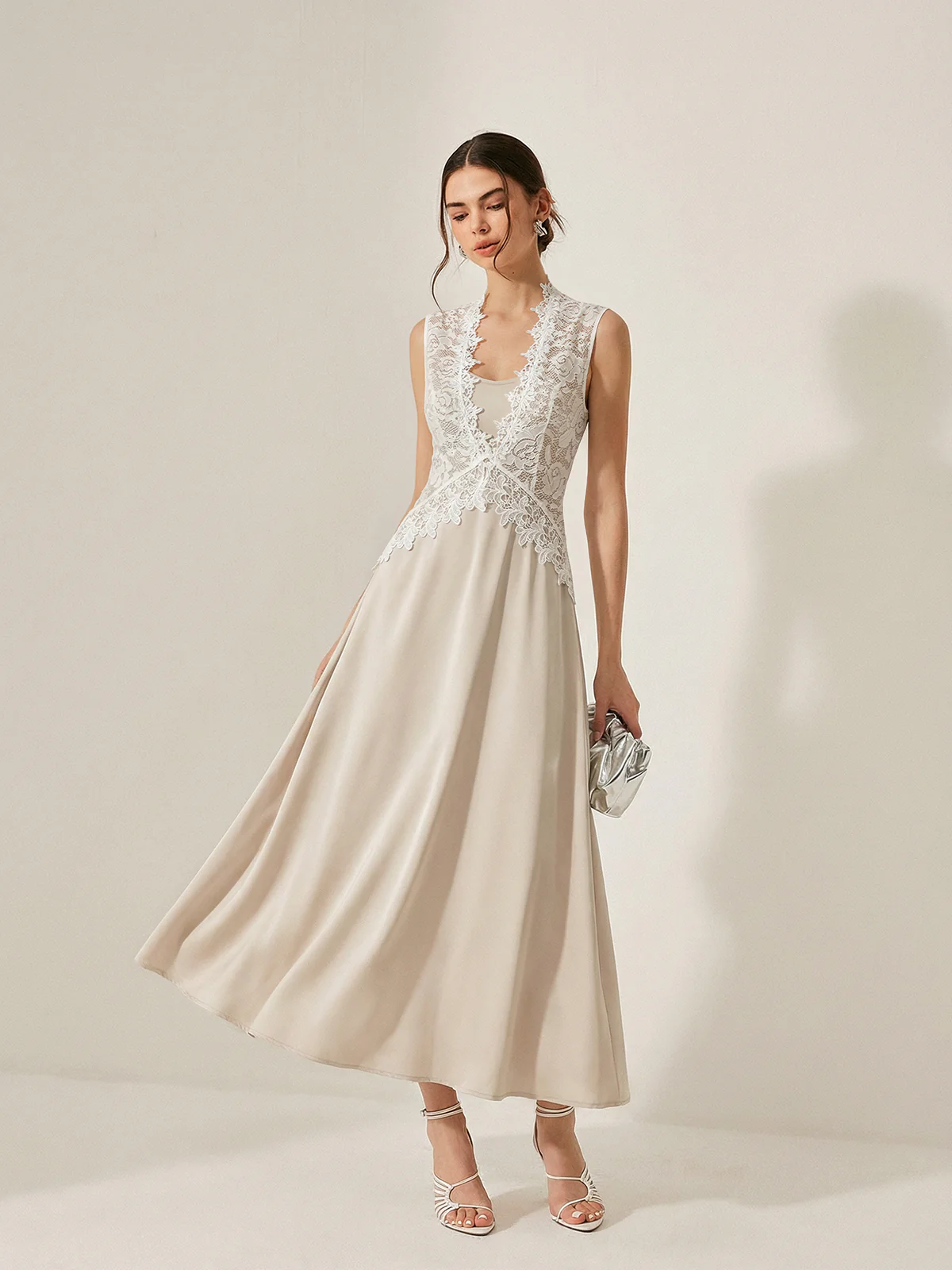 Satin Cami Dress & Lace Vest Two-Piece Set