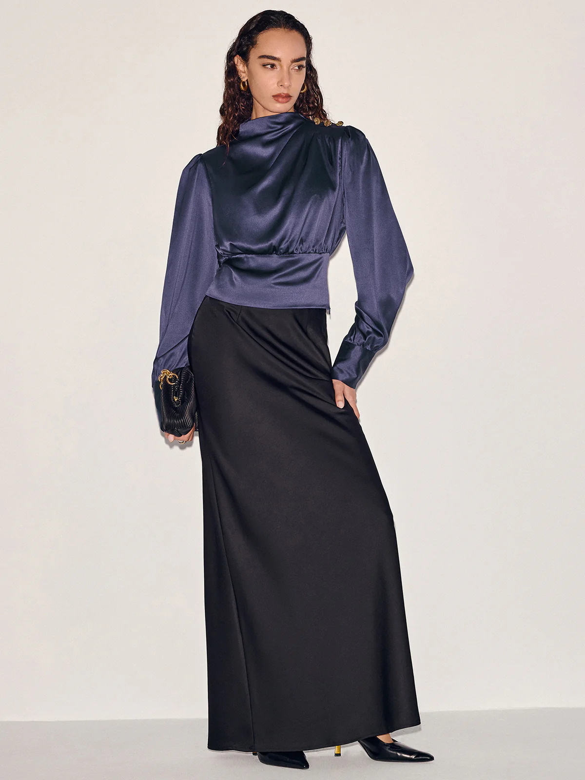 Satin Cinched-Waist Blouse with Metal Decor - Image 5