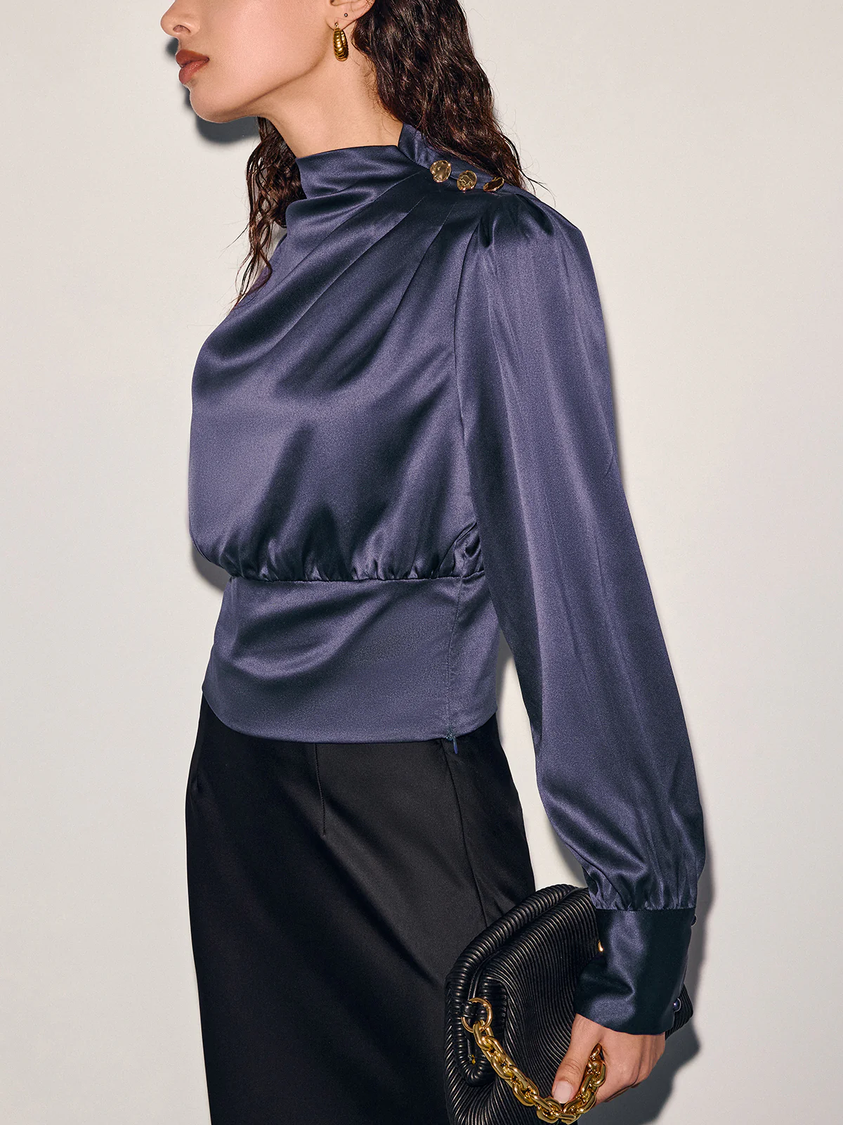 Satin Cinched-Waist Blouse with Metal Decor - Image 6