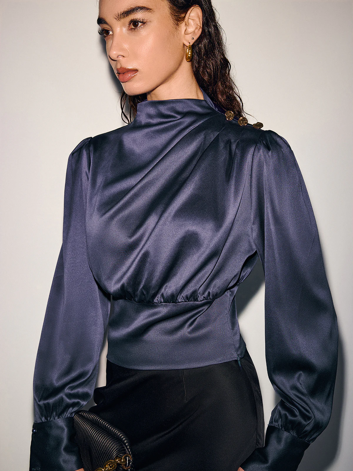 Satin Cinched-Waist Blouse with Metal Decor - Image 8