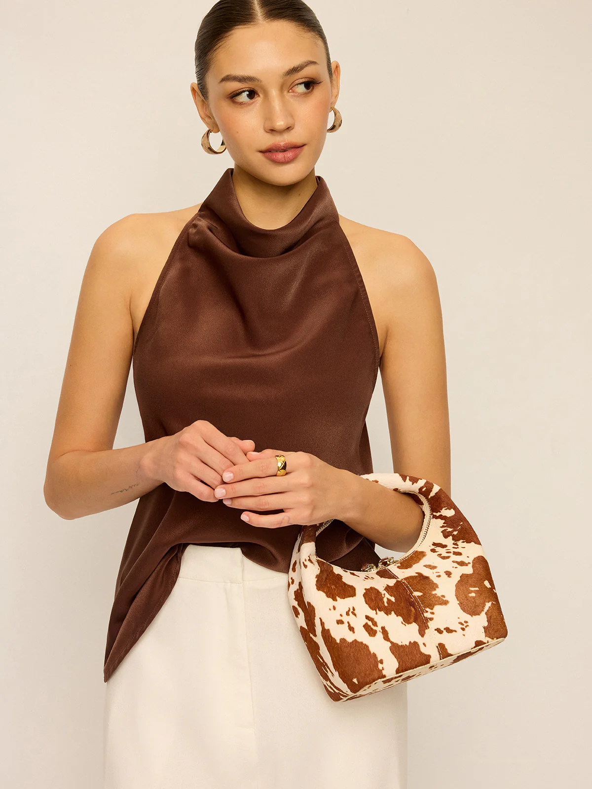 Satin Cowl Neck Halter Backless Top - Image 3