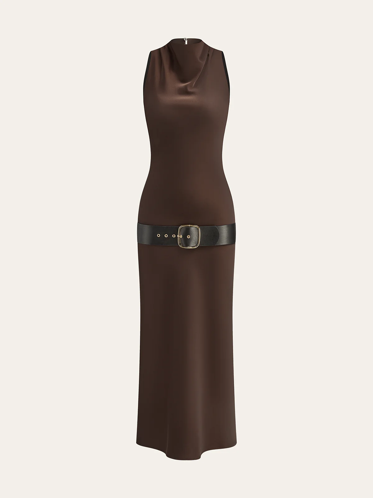 Satin Cowl Neck Midi Dress with Belt