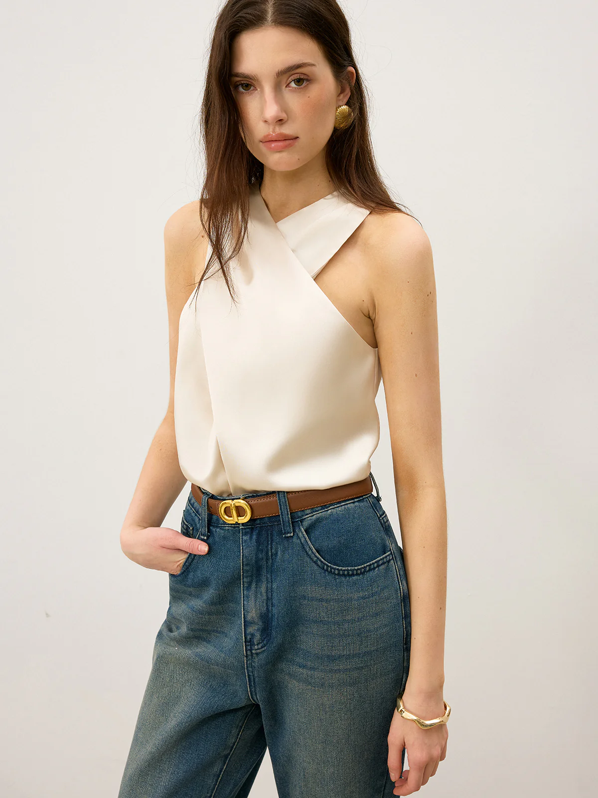 Satin Cross-Over Collar Tank Top - Image 5