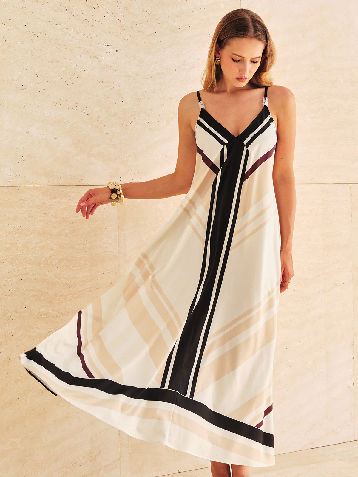 Satin Geometric Stripe Cami Maxi Dress - Image 6
