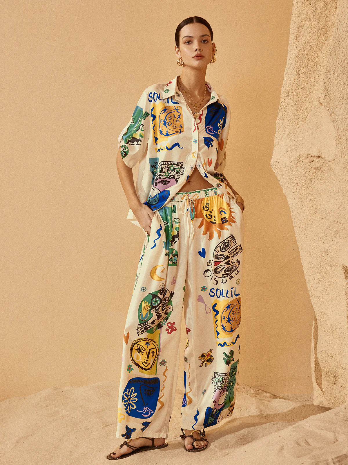 Satin Graffiti Lapel Pants Set - Image 3