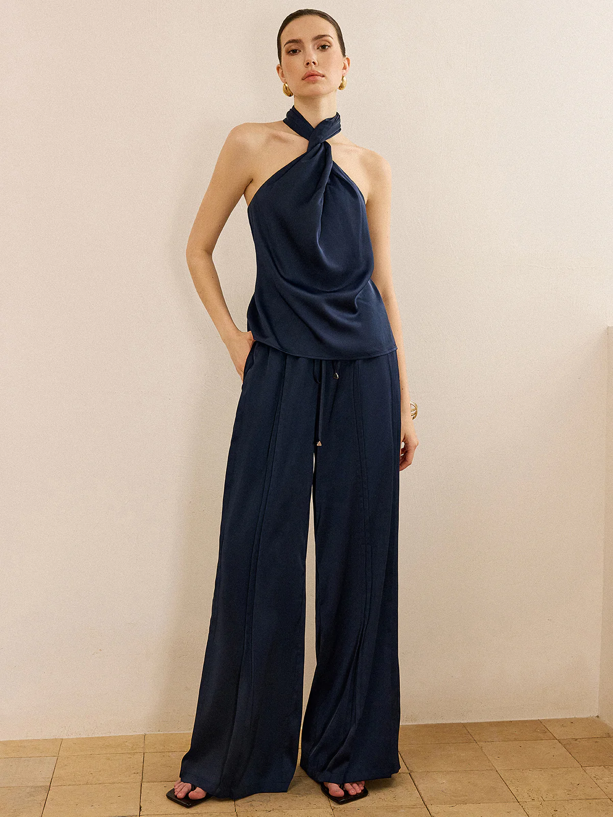 Satin Halter Neck Top and Wide-Leg Pants Set - Image 4
